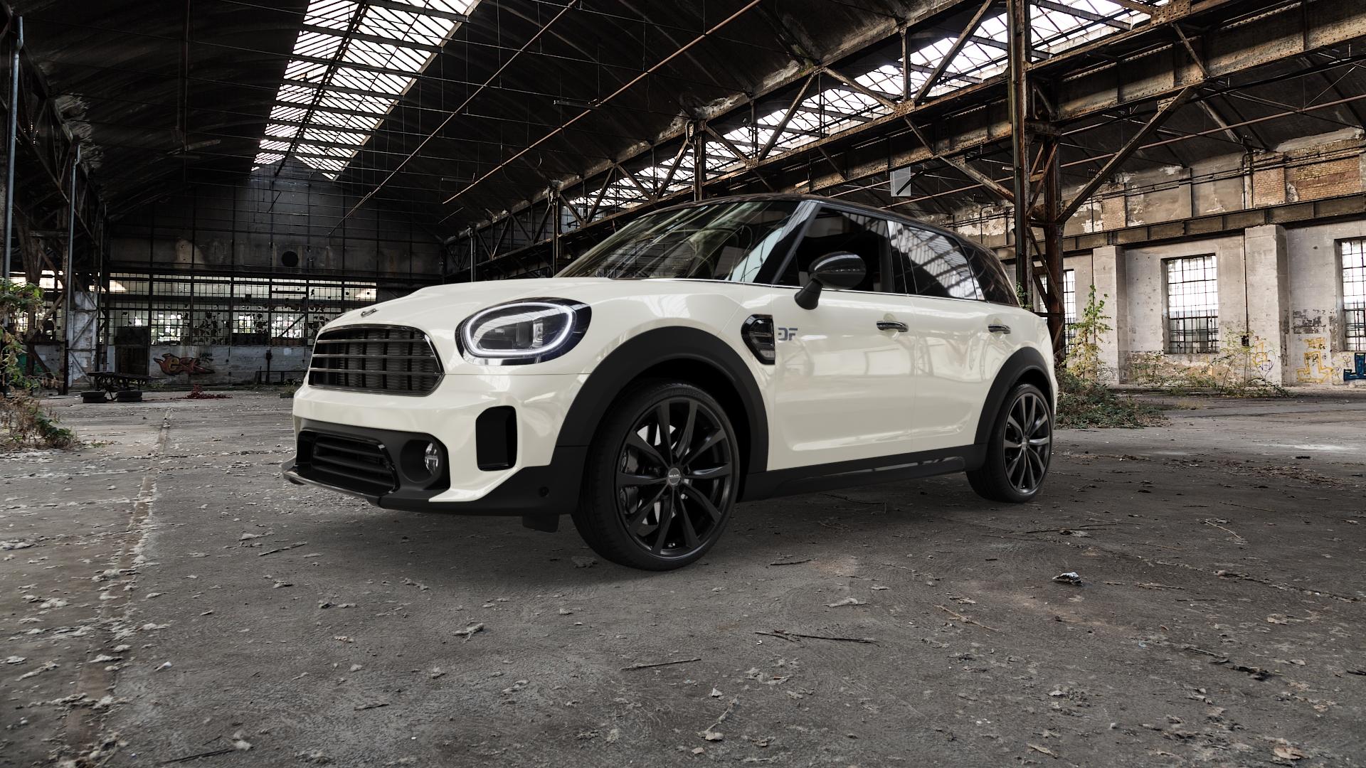 MAK WOLF Gloss Black Felge mit Reifen schwarz in 20Zoll Winterfelge Alufelge auf weissem Mini F60 Typ FMX (Countryman) Facelift ⬇️ mit 15mm Tieferlegung ⬇️ Old Industrial Hall_max5000mm_2022 Frontansicht_1