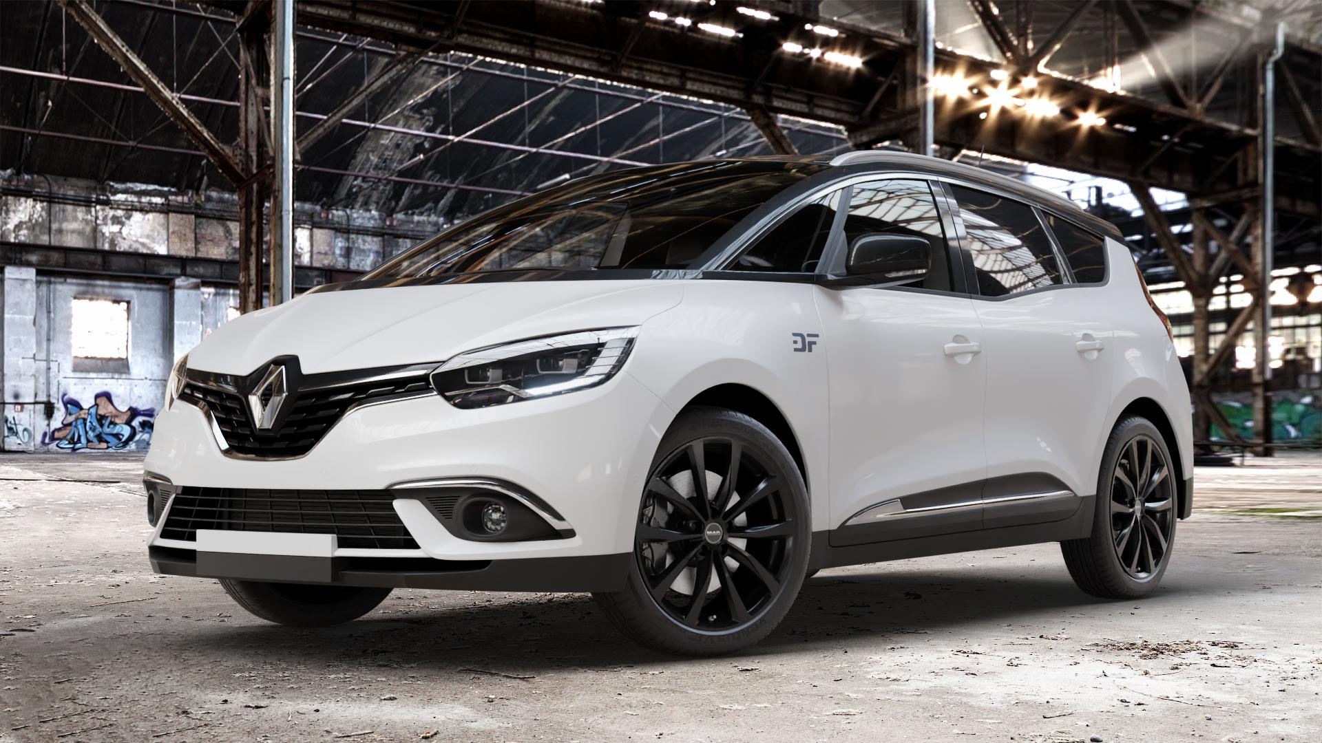 MAK Wolf Gloss Black Felge mit Reifen schwarz in 20Zoll Winterfelge Alufelge auf weissem Renault Grand Scénic IV Typ RFA ⬇️ mit 15mm Tieferlegung ⬇️ Old Industrial Hall_max_4400mm_2024 Frontansicht_1