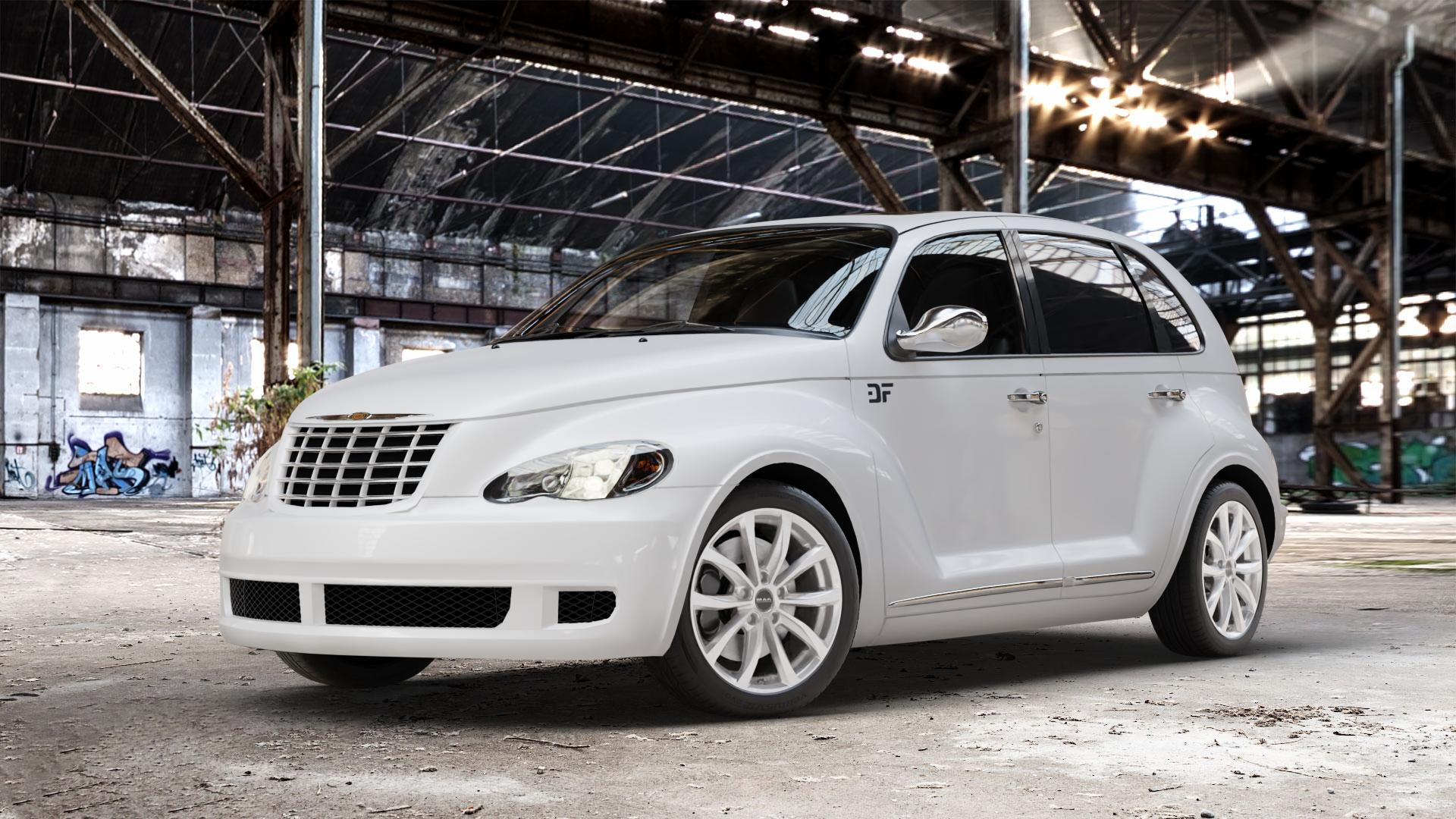 MAK Wolf Silver Felge mit Reifen silber in 17Zoll Winterfelge Alufelge auf weissem Chrysler PT Cruiser Cabriolet ⬇️ mit 15mm Tieferlegung ⬇️ Old Industrial Hall_max_4400mm_2024 Frontansicht_1