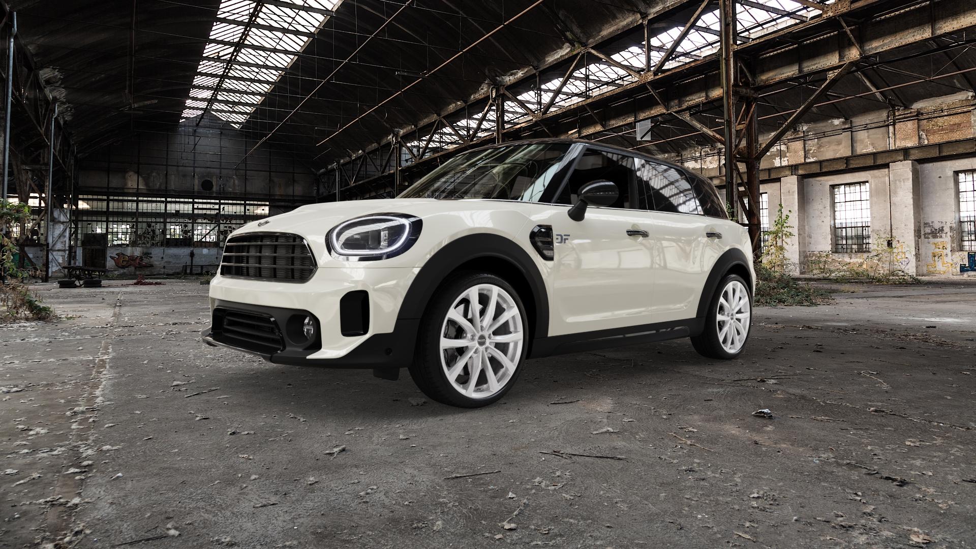 MAK Wolf Silver Felge mit Reifen silber in 20Zoll Winterfelge Alufelge auf weissem Mini F60 Typ FMX (Countryman) Facelift ⬇️ mit 15mm Tieferlegung ⬇️ Old Industrial Hall_max5000mm_2022 Frontansicht_1