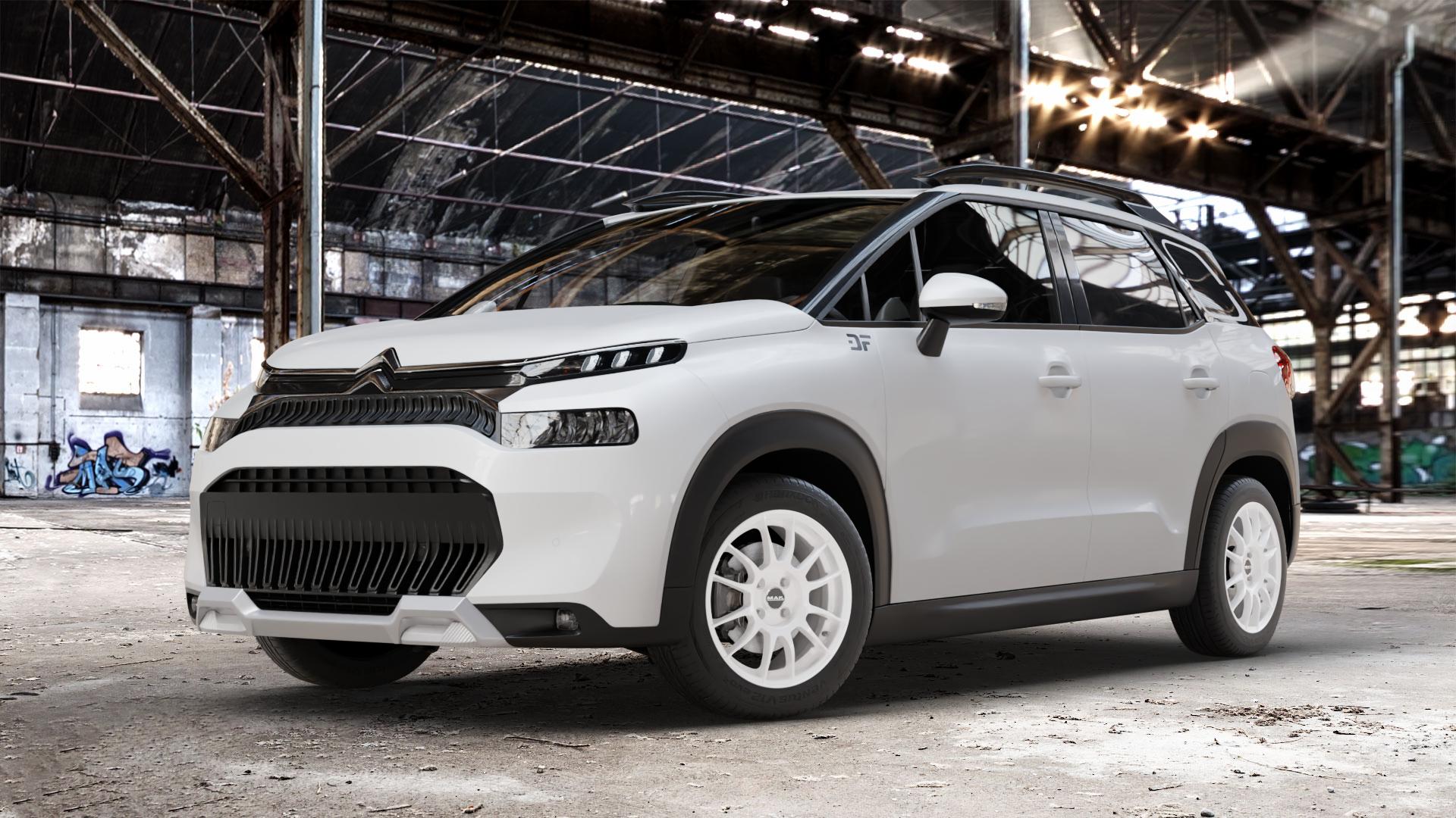 MAK XLR Gloss White Felge mit Reifen weiss weiß in 16Zoll Winterfelge Alufelge auf weissem Citroen C3 Aircross Typ 2 Facelift ⬇️ mit 15mm Tieferlegung ⬇️ Old Industrial Hall_max_4400mm_2024 Frontansicht_1