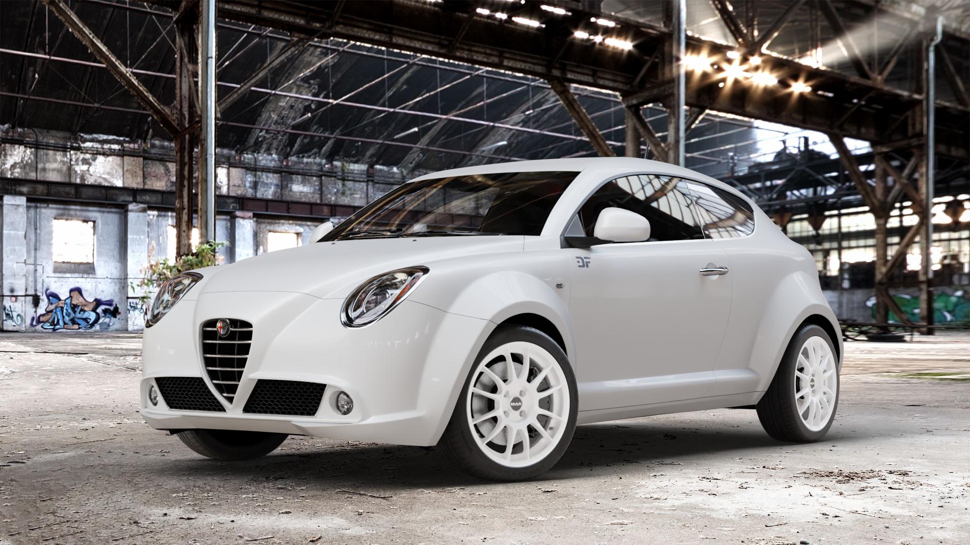 MAK XLR Gloss White Felge mit Reifen weiss weiß in 17Zoll Winterfelge Alufelge auf weissem Alfa Romeo Mito Typ 955 ⬇️ mit 15mm Tieferlegung ⬇️ Old Industrial Hall_max_4400mm_2024 Frontansicht_1
