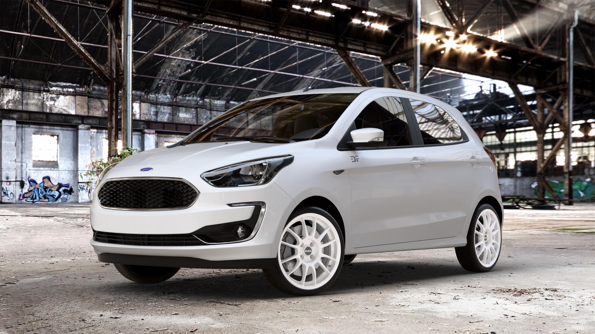 MAK XLR Gloss White Felge mit Reifen weiss weiß in 17Zoll Winterfelge Alufelge auf weissem Ford KA+ Typ KAF ACTIVE Facelift KA ⬇️ mit 15mm Tieferlegung ⬇️ Old Industrial Hall_max_4400mm_2024 Frontansicht_1