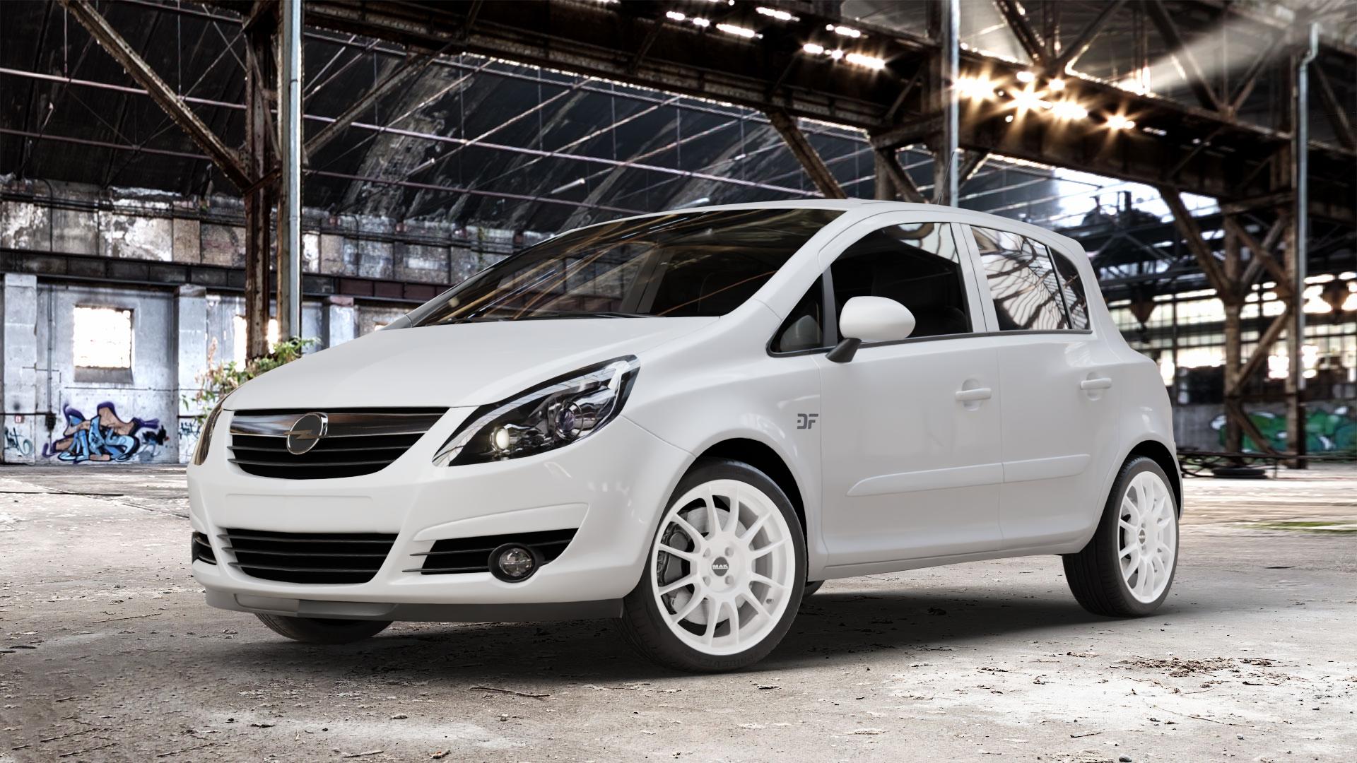 MAK XLR Gloss White Felge mit Reifen weiss weiß in 17Zoll Winterfelge Alufelge auf weissem Opel Corsa D Typ S-D ⬇️ mit 15mm Tieferlegung ⬇️ Old Industrial Hall_max_4400mm_2024 Frontansicht_1
