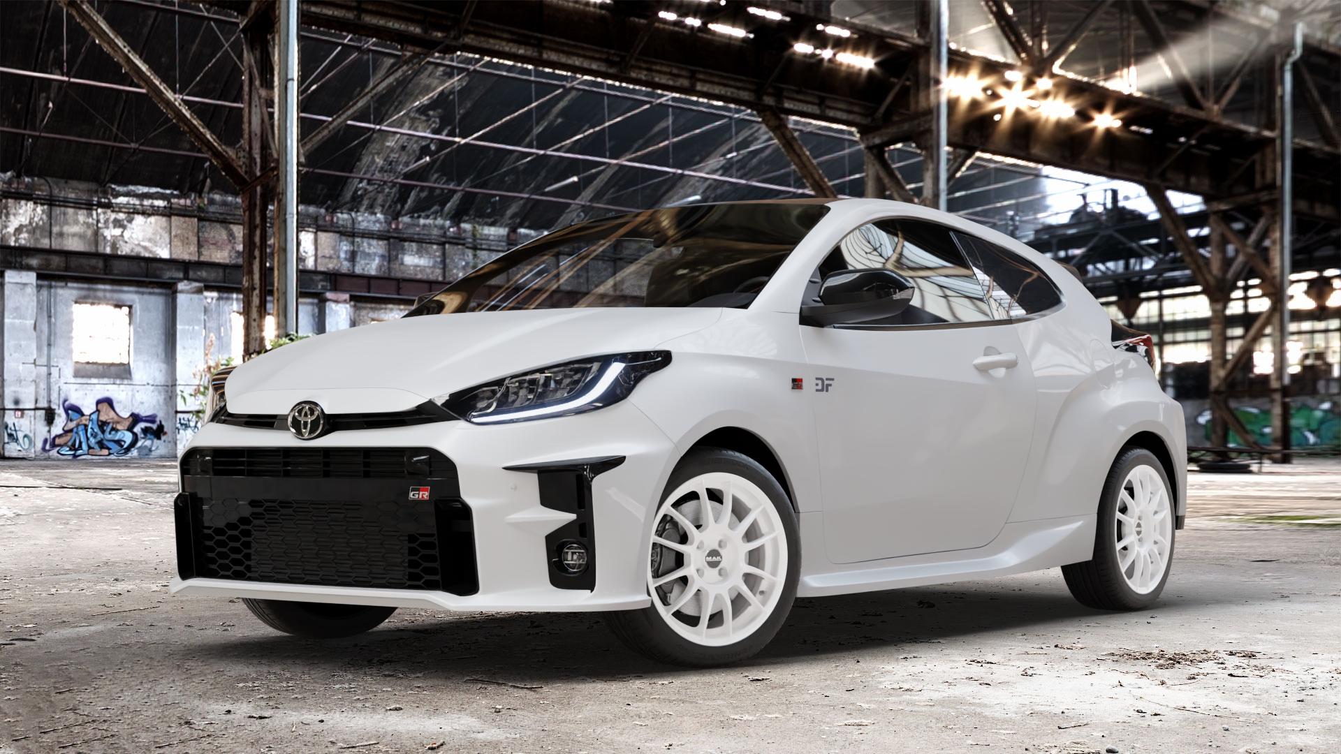 MAK XLR Gloss White Felge mit Reifen weiss weiß in 17Zoll Winterfelge Alufelge auf weissem Toyota Yaris IV Typ XPA1F(EU,M) l kW (0 PS) GR XPA1G(EU,M) ⬇️ mit 15mm Tieferlegung ⬇️ Old Industrial Hall_max_4400mm_2024 Frontansicht_1