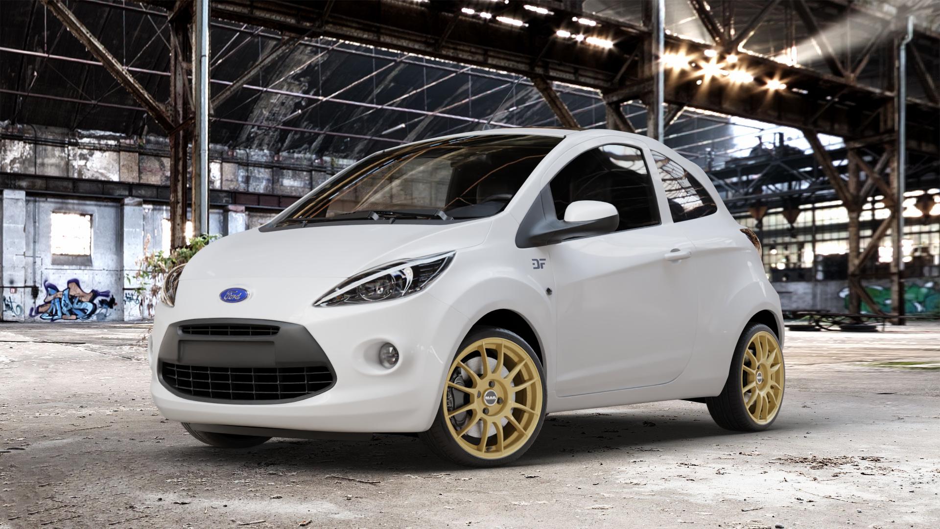 MAK XLR Gold Felge mit Reifen in 17Zoll Winterfelge Alufelge auf weissem Ford KA Typ RU8 ⬇️ mit 15mm Tieferlegung ⬇️ Old Industrial Hall_max_4400mm_2024 Frontansicht_1