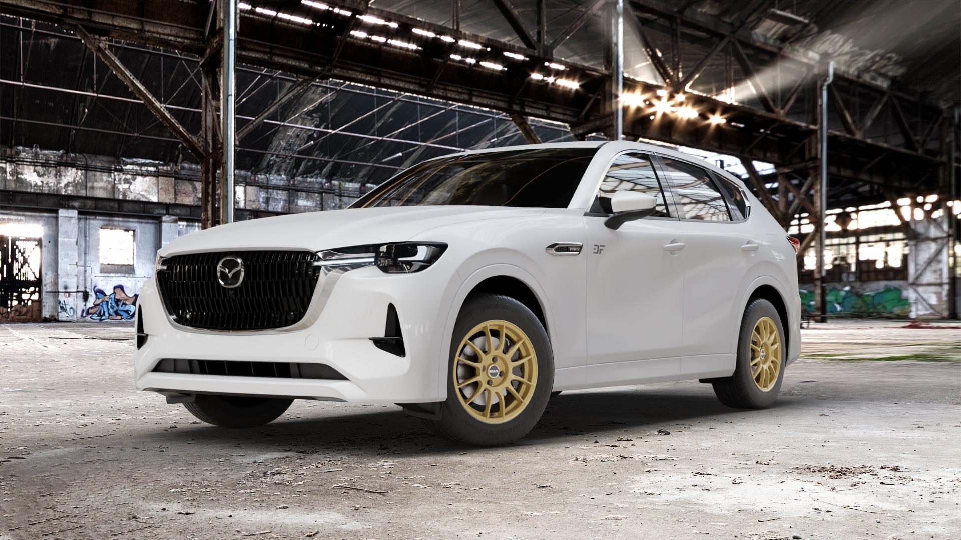 MAK XLR Gold Felge mit Reifen in 17Zoll Winterfelge Alufelge auf weissem Mazda CX-60 Typ KH01 CX ⬇️ mit 15mm Tieferlegung ⬇️ Old Industrial Hall_max_5300mm_2024 Frontansicht_1