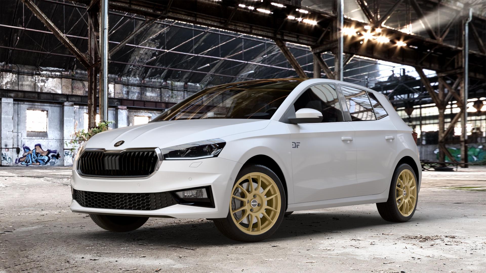 MAK XLR GOLD Felge mit Reifen in 17Zoll Winterfelge Alufelge auf weissem Skoda Fabia IV Typ PJ ⬇️ mit 15mm Tieferlegung ⬇️ Old Industrial Hall_max_4400mm_2024 Frontansicht_1