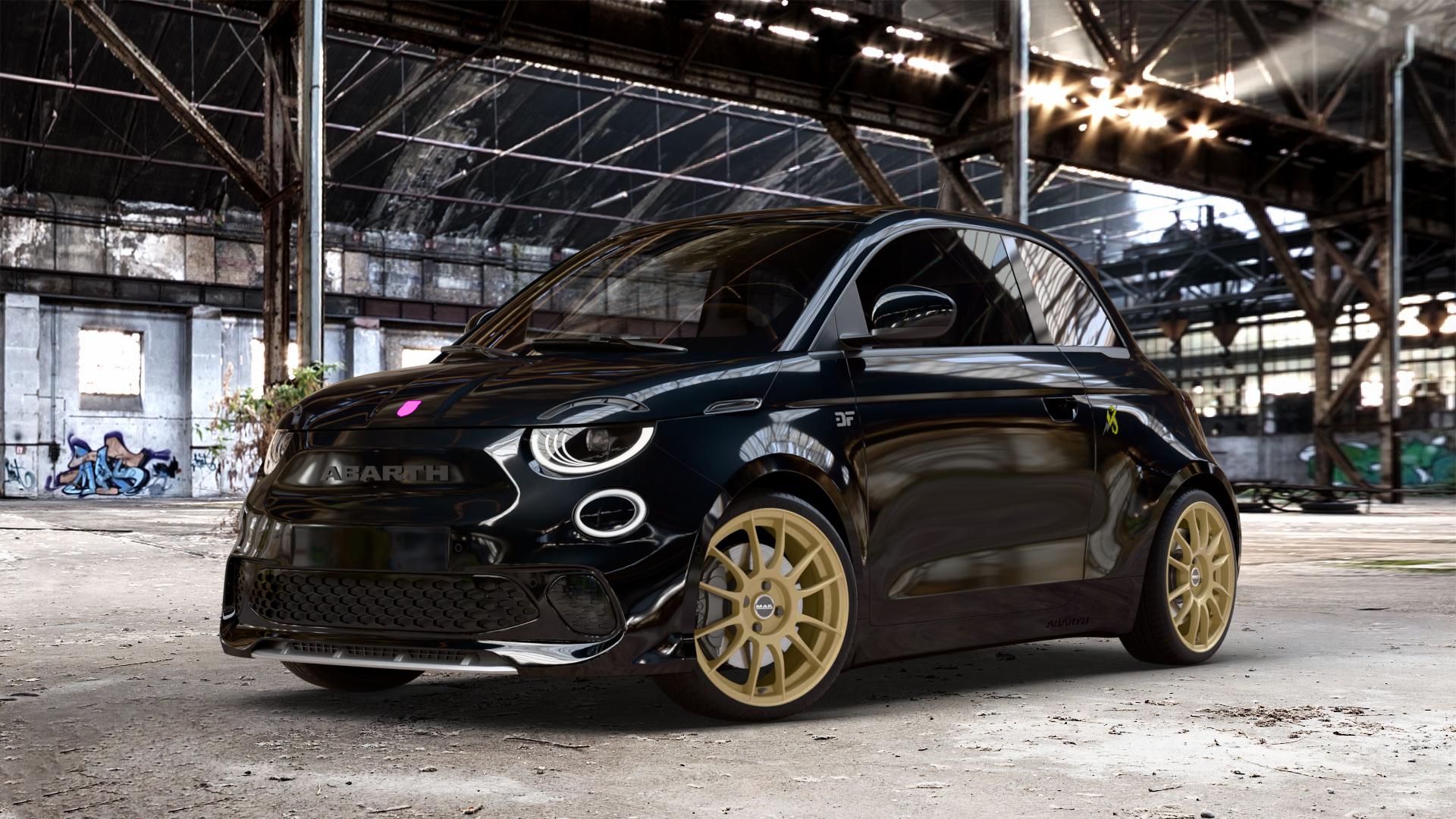 MAK XLR Gold Felge mit Reifen in 18Zoll Winterfelge Alufelge auf schwarzem Fiat 500e Abarth Typ FA1 ⬇️ mit 15mm Tieferlegung ⬇️ Old Industrial Hall_max_4400mm_2024 Frontansicht_1