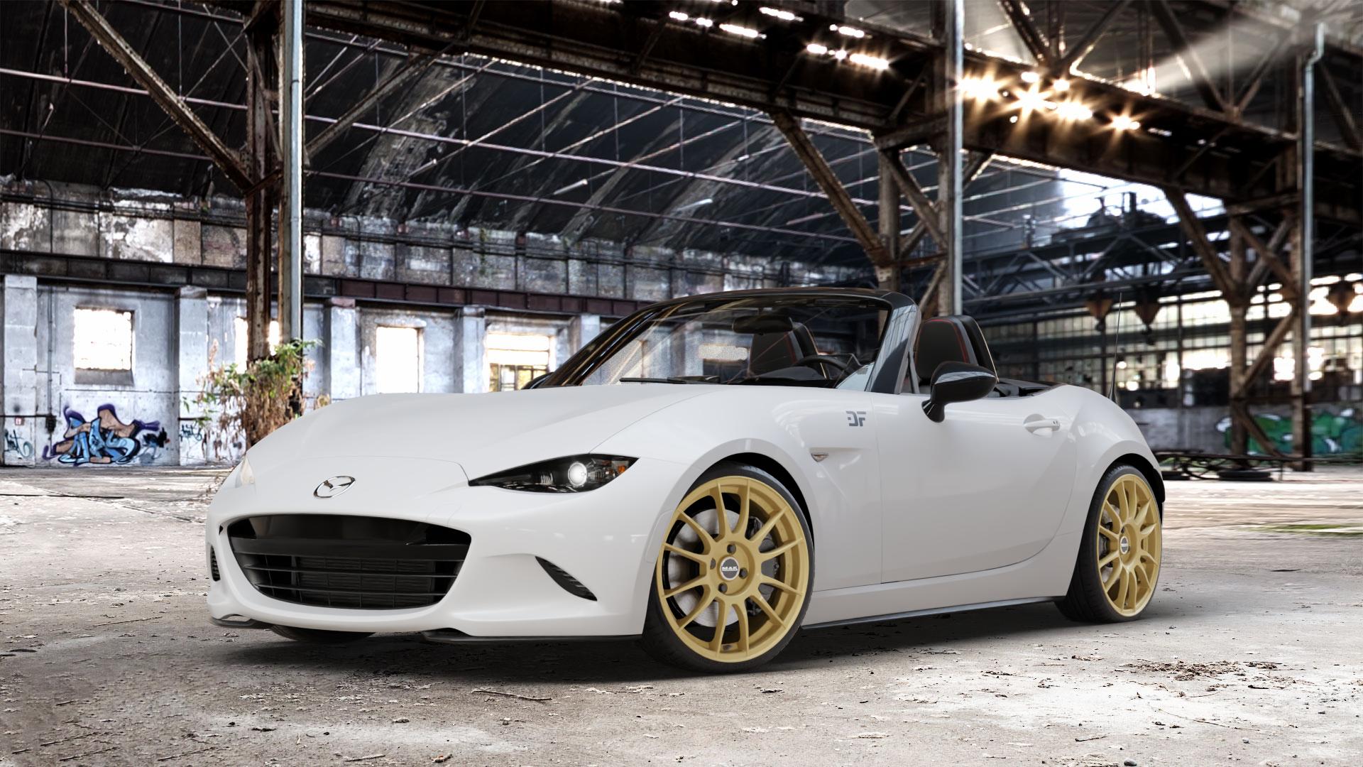 MAK XLR Gold Felge mit Reifen in 18Zoll Winterfelge Alufelge auf weissem Mazda MX-5 IV (ND) ⬇️ mit 15mm Tieferlegung ⬇️ Old Industrial Hall_max_4400mm_2024 Frontansicht_1