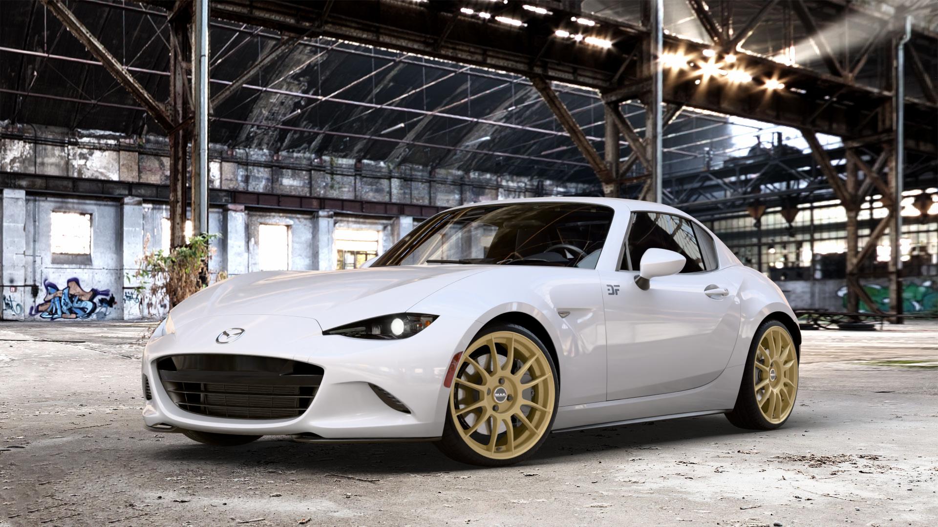 MAK XLR Gold Felge mit Reifen in 18Zoll Winterfelge Alufelge auf weissem Mazda MX-5 IV RF (ND) ⬇️ mit 15mm Tieferlegung ⬇️ Old Industrial Hall_max_4400mm_2024 Frontansicht_1