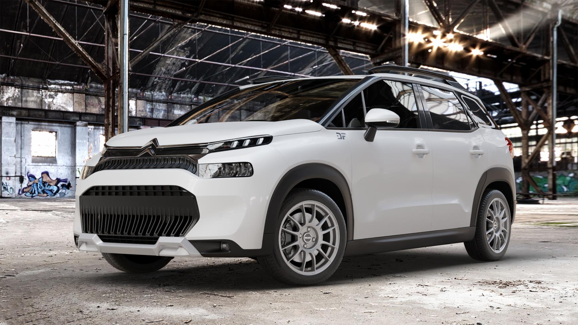 MAK XLR Matt Graphite Felge mit Reifen grau in 17Zoll Winterfelge Alufelge auf weissem Citroen C3 Aircross Typ 2 Facelift ⬇️ mit 15mm Tieferlegung ⬇️ Old Industrial Hall_max_4400mm_2024 Frontansicht_1