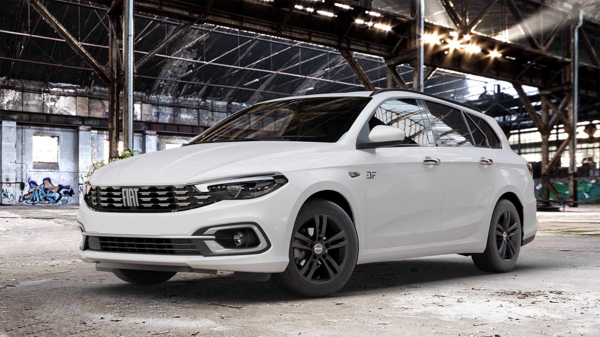 MAK Zenith Gloss Black Felge mit Reifen schwarz in 15Zoll Winterfelge Alufelge auf weissem Fiat Tipo II Kombi Typ 356 Facelift ⬇️ mit 15mm Tieferlegung ⬇️ Old Industrial Hall_max_4400mm_2024 Frontansicht_1