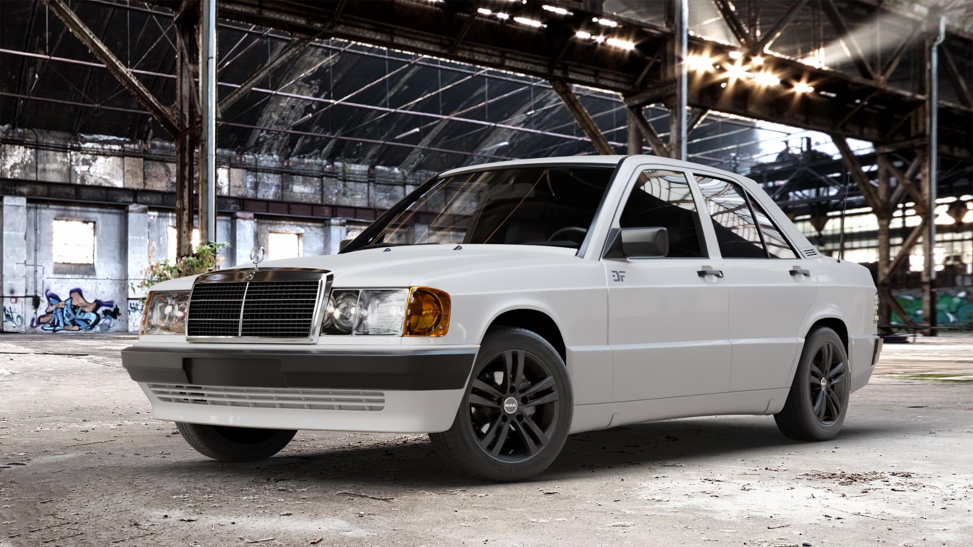 MAK Zenith Gloss Black Felge mit Reifen schwarz in 15Zoll Winterfelge Alufelge auf weissem Mercedes 190 Typ W201 190er ⬇️ mit 15mm Tieferlegung ⬇️ Old Industrial Hall_max_4400mm_2024 Frontansicht_1