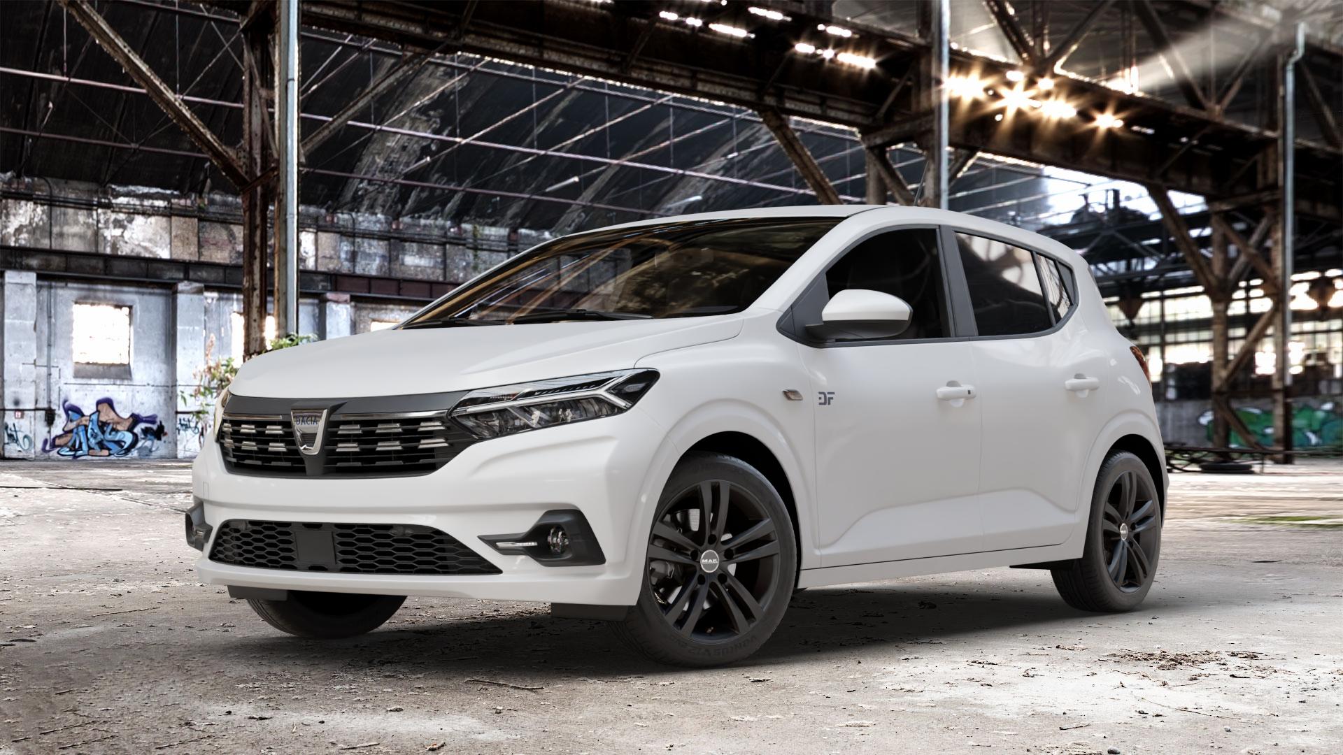 MAK Zenith Gloss Black Felge mit Reifen schwarz in 16Zoll Winterfelge Alufelge auf weissem Dacia Sandero III Typ DJF ⬇️ mit 15mm Tieferlegung ⬇️ Old Industrial Hall_max_4400mm_2024 Frontansicht_1