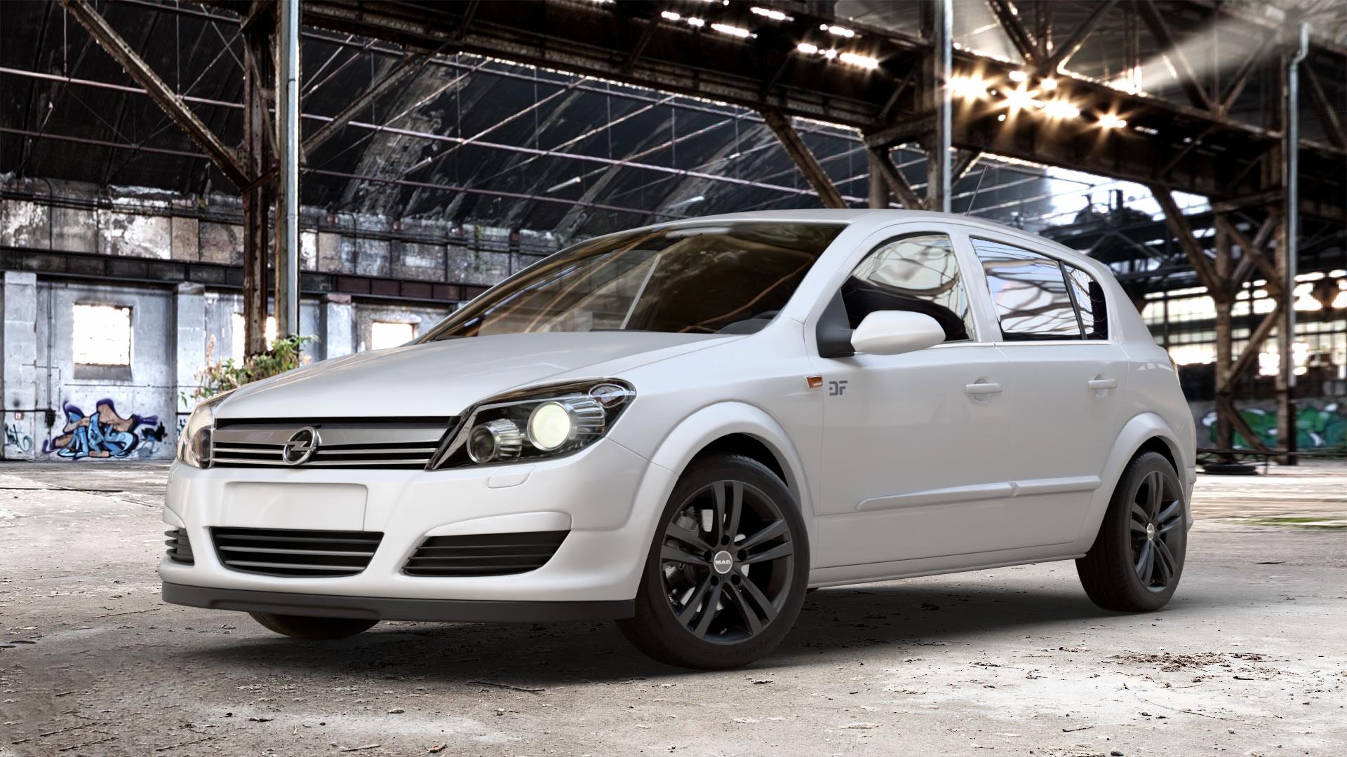 MAK Zenith Gloss Black Felge mit Reifen schwarz in 16Zoll Winterfelge Alufelge auf weissem Opel Astra H Stufenheck Typ A-H/NB ⬇️ mit 15mm Tieferlegung ⬇️ Old Industrial Hall_max_4400mm_2024 Frontansicht_1