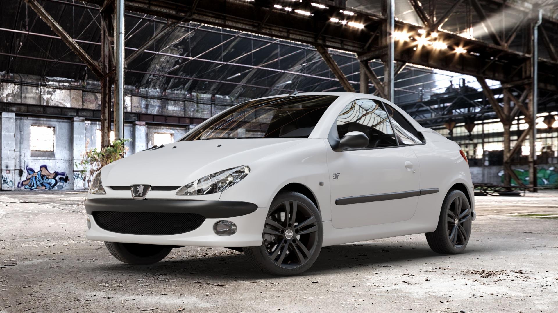 MAK Zenith Gloss Black Felge mit Reifen schwarz in 16Zoll Winterfelge Alufelge auf weissem Peugeot 206 CC 1,6l HDi FAP 80kW (109 PS) 16V 2,0l 100kW (136 ⬇️ mit 15mm Tieferlegung ⬇️ Old Industrial Hall_max_4400mm_2024 Frontansicht_1