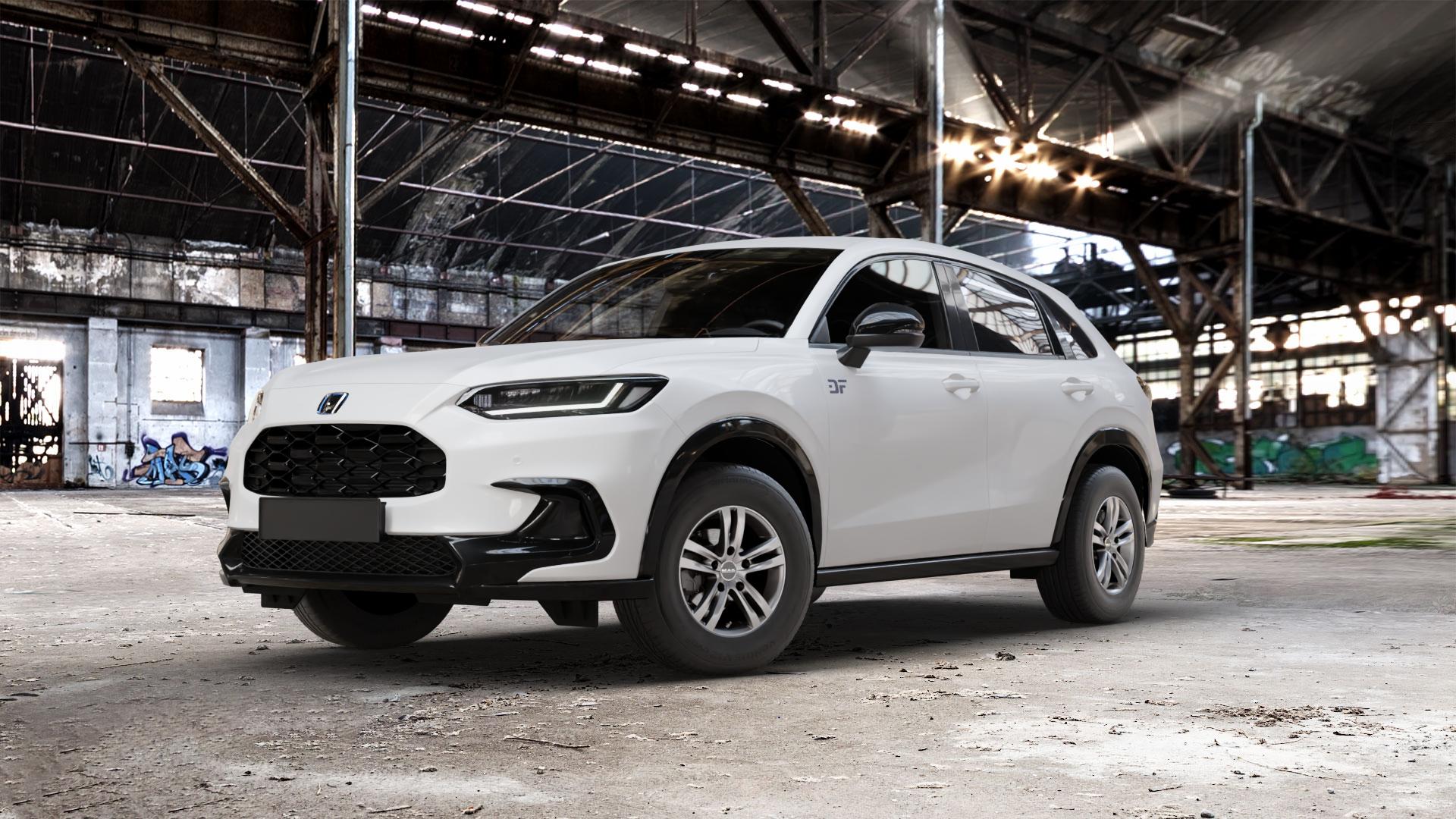 MAK Zenith Light Titan Felge mit Reifen grau/silber in 14Zoll Winterfelge Alufelge auf weissem Honda ZR-V Typ RZ ⬇️ mit 15mm Tieferlegung ⬇️ Old Industrial Hall_max_5300mm_2024 Frontansicht_1