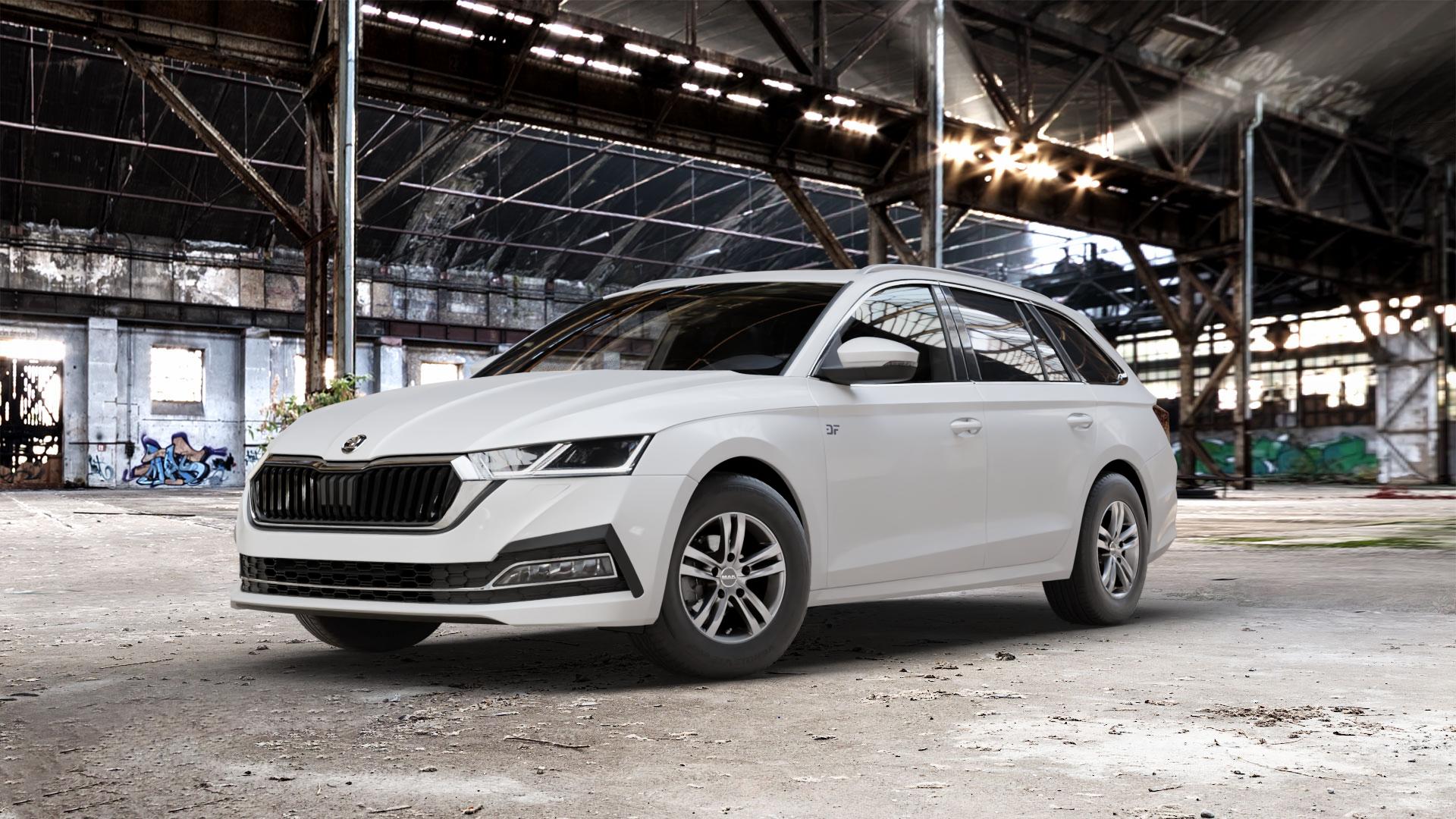 MAK Zenith Light Titan Felge mit Reifen grau/silber in 14Zoll Winterfelge Alufelge auf weissem Skoda Octavia IV Kombi Typ NX ⬇️ mit 15mm Tieferlegung ⬇️ Old Industrial Hall_max_5300mm_2024 Frontansicht_1