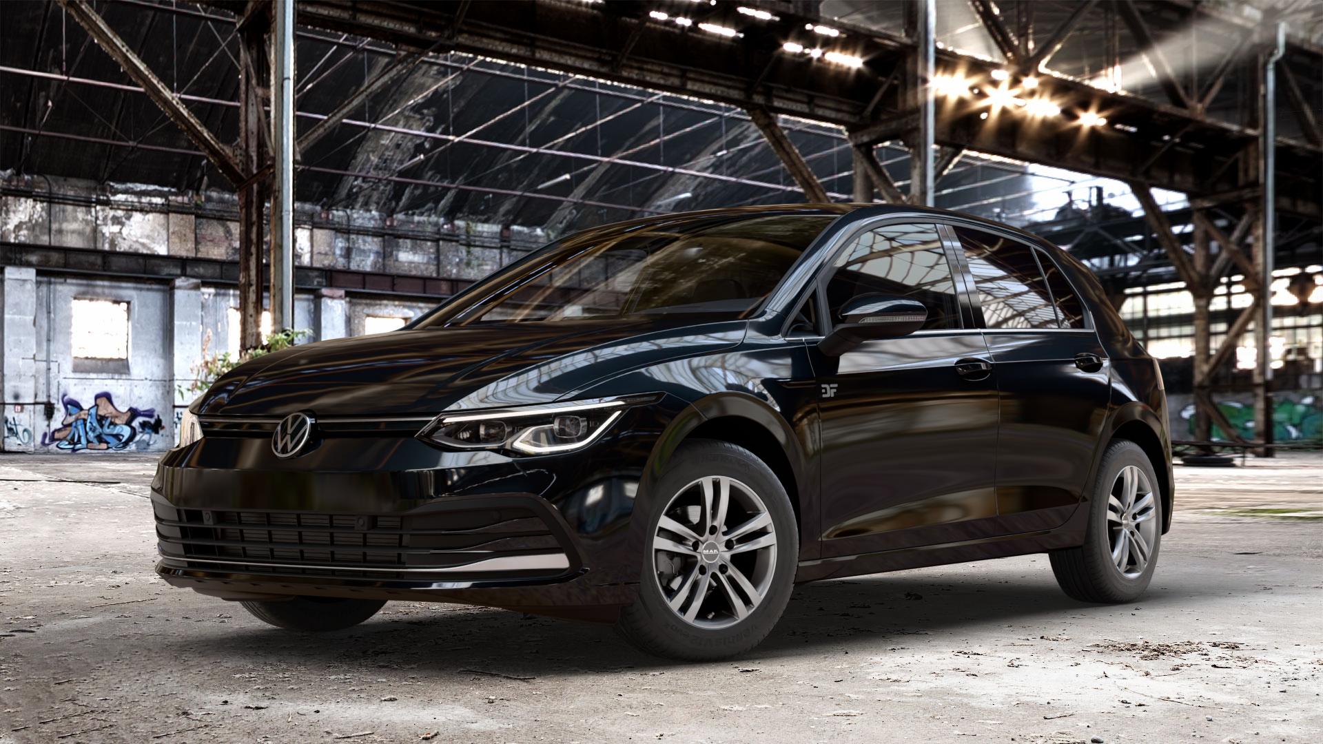 MAK Zenith Light Titan Felge mit Reifen grau/silber in 15Zoll Winterfelge Alufelge auf metallic schwarzem Volkswagen (VW) Golf 8 1,5l TSI 96kW (131 PS) 110kW (150 2,0l TDI 85kW (116 Mild-Hybrid 1,0l 81kW (110 66kW (90 1,4l Hybrid TGI 4Motion 140kW (190 ⬇️ mit 15mm Tieferlegung ⬇️ Old Industrial Hall_max_4400mm_2024 Frontansicht_1