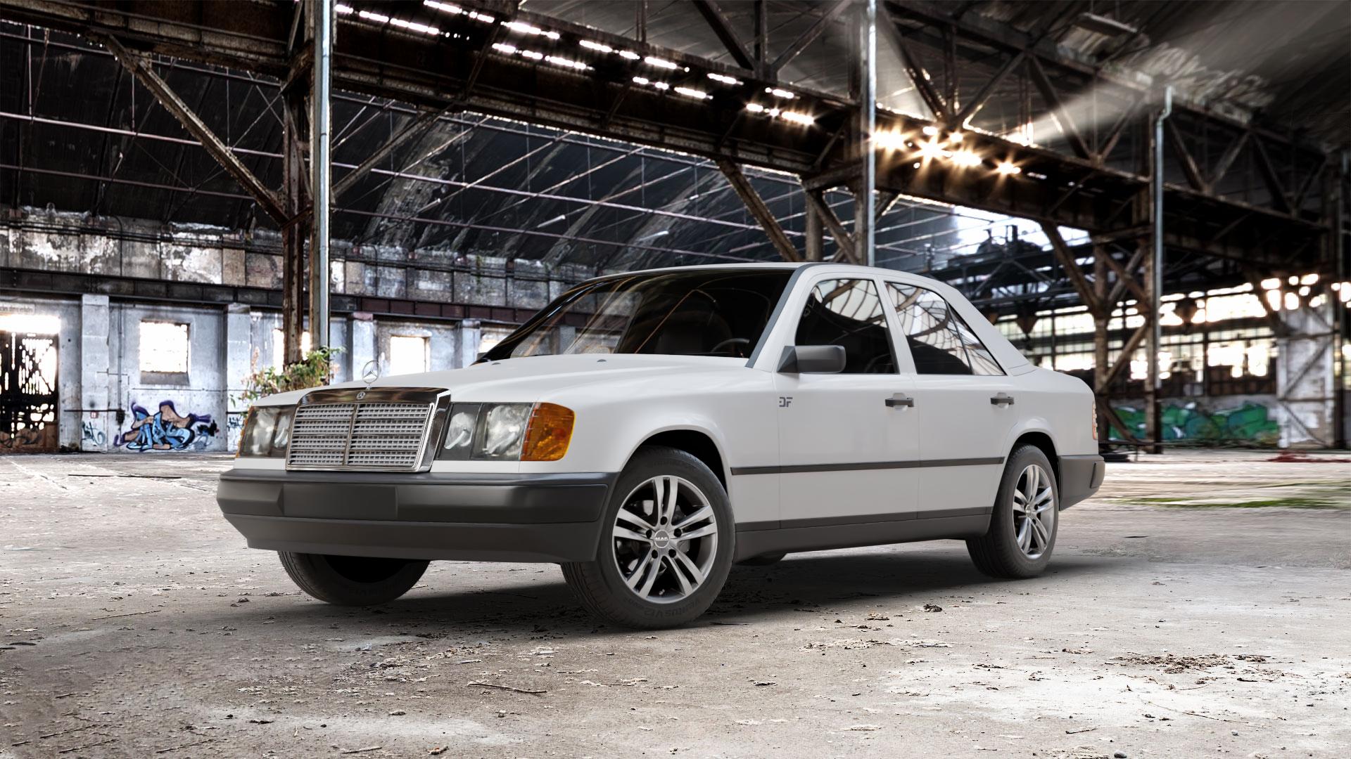 MAK Zenith Light Titan Felge mit Reifen grau/silber in 15Zoll Winterfelge Alufelge auf weissem Mercedes E-Klasse Typ W124 Limousine ⬇️ mit 15mm Tieferlegung ⬇️ Old Industrial Hall_max_5300mm_2024 Frontansicht_1