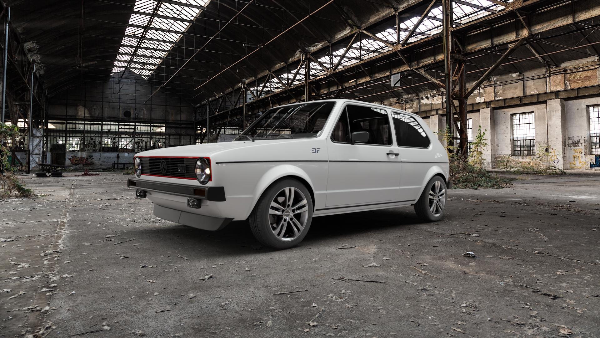 MAK Zenith Light Titan Felge mit Reifen grau/silber in 15Zoll Winterfelge Alufelge auf weissem Volkswagen (VW) Golf 1 1,6l GTI 81kW (110 PS) 1,8l 82kW (111 Cabrio ⬇️ mit 15mm Tieferlegung ⬇️ Old Industrial Hall_max5000mm_2022 Frontansicht_1