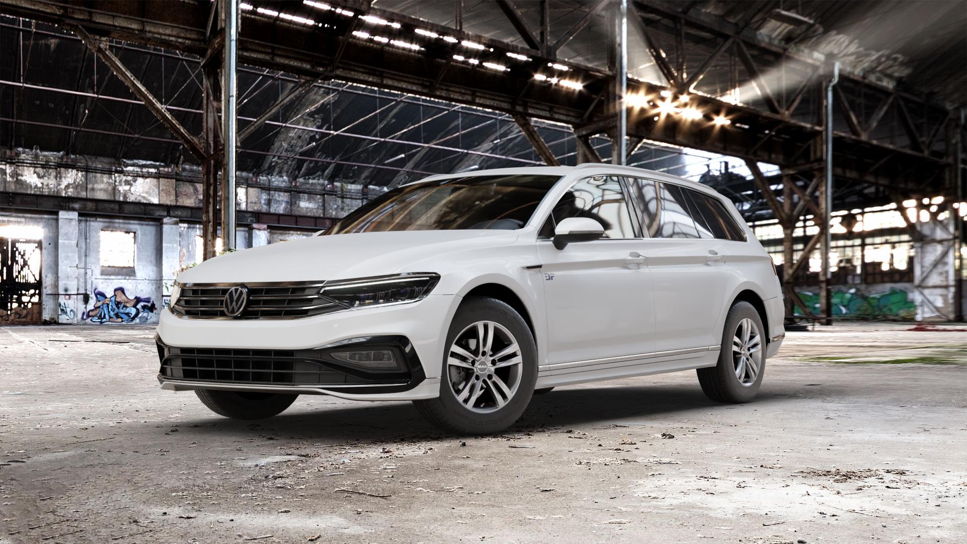 MAK Zenith Light Titan Felge mit Reifen grau/silber in 15Zoll Winterfelge Alufelge auf weissem Volkswagen (VW) Passat 3C/B8 Variant Facelift ⬇️ mit 15mm Tieferlegung ⬇️ Old Industrial Hall_max_5300mm_2024 Frontansicht_1