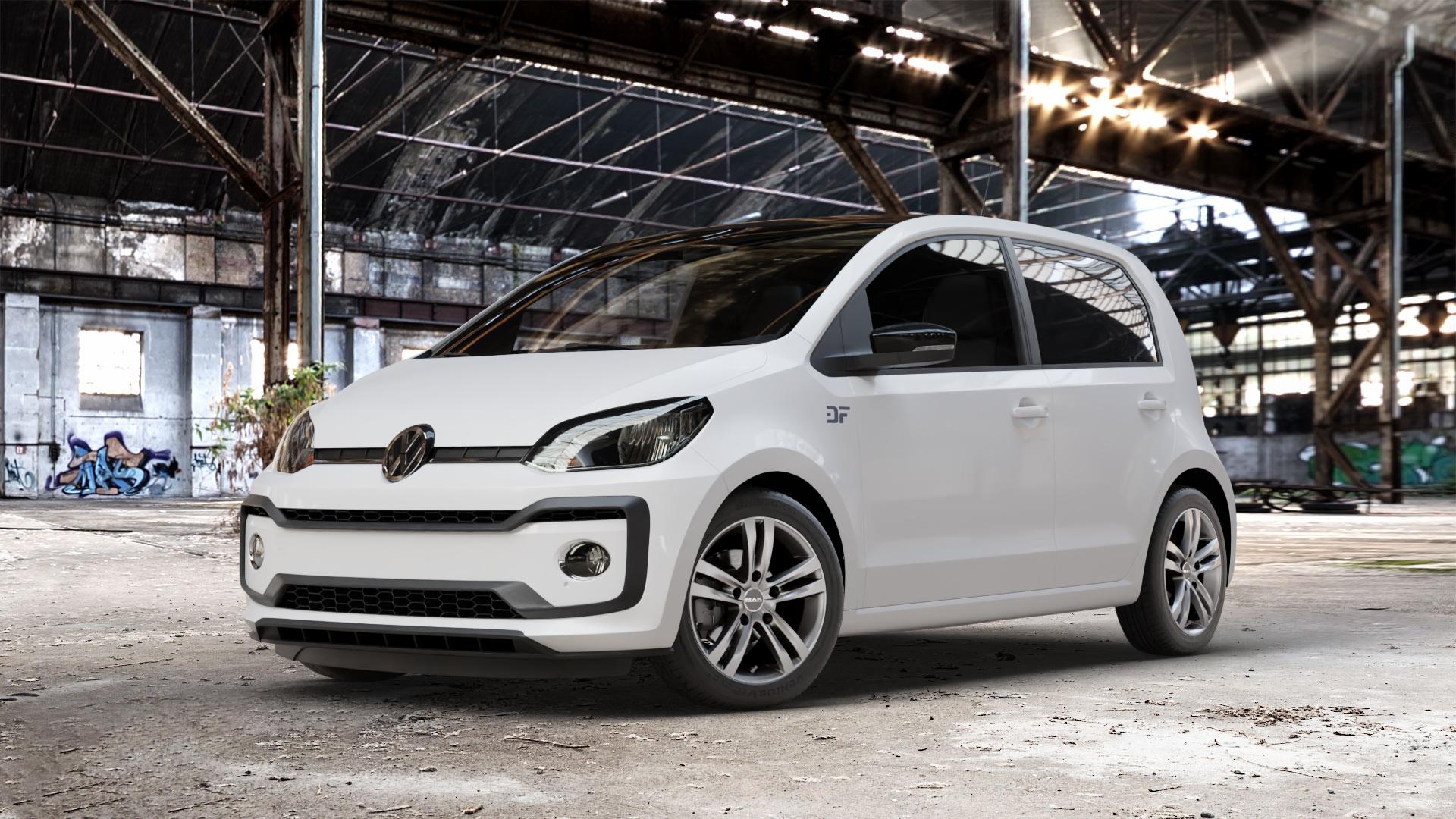 MAK Zenith Light Titan Felge mit Reifen grau/silber in 15Zoll Winterfelge Alufelge auf weissem Volkswagen (VW) UP Facelift ⬇️ mit 15mm Tieferlegung ⬇️ Old Industrial Hall_max_4400mm_2024 Frontansicht_1