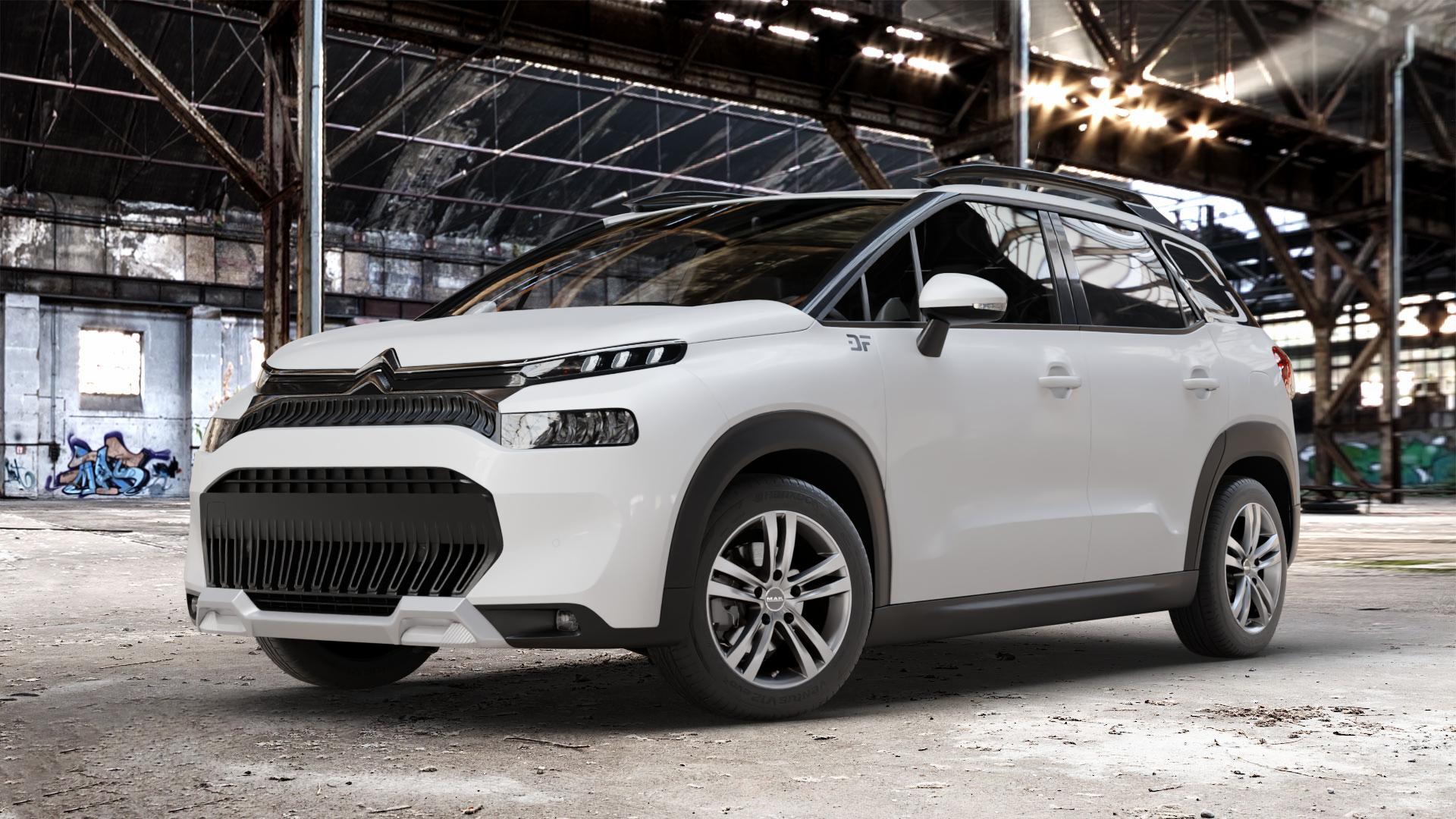 MAK Zenith Light Titan Felge mit Reifen grau/silber in 16Zoll Winterfelge Alufelge auf weissem Citroen C3 Aircross Typ 2 Facelift ⬇️ mit 15mm Tieferlegung ⬇️ Old Industrial Hall_max_4400mm_2024 Frontansicht_1