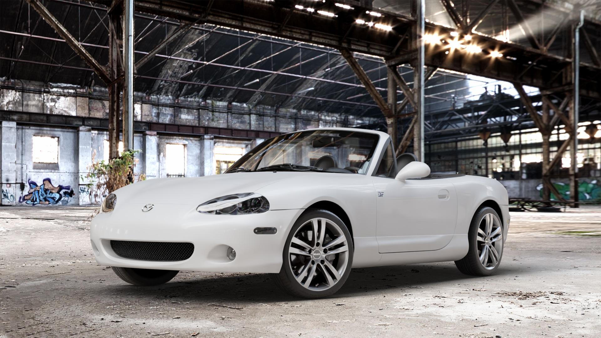 MAK Zenith Light Titan Felge mit Reifen grau/silber in 16Zoll Winterfelge Alufelge auf weissem Mazda MX-5 II (NB) ⬇️ mit 15mm Tieferlegung ⬇️ Old Industrial Hall_max_4400mm_2024 Frontansicht_1