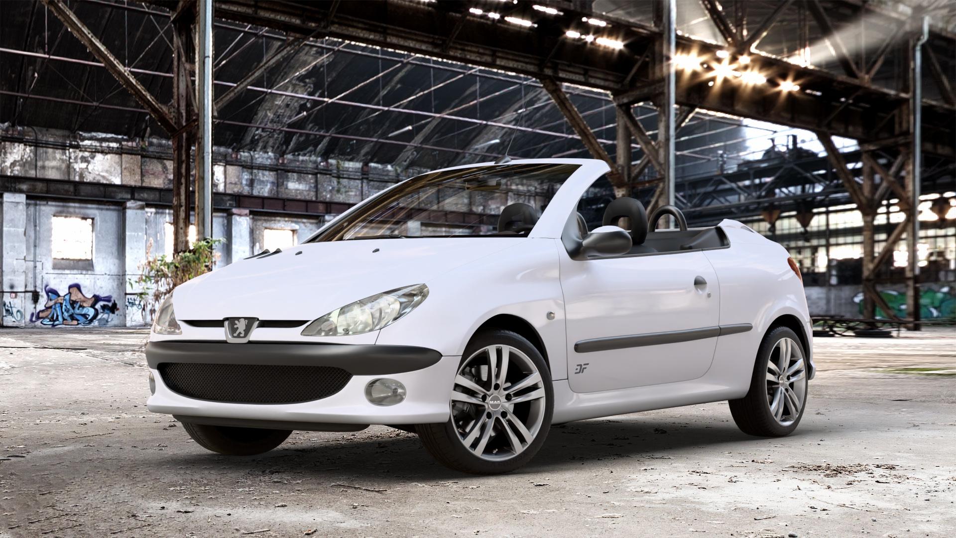 MAK Zenith Light Titan Felge mit Reifen grau/silber in 16Zoll Winterfelge Alufelge auf weissem Peugeot 206 CC 1,6l HDi FAP 80kW (109 PS) 16V 2,0l 100kW (136 ⬇️ mit 15mm Tieferlegung ⬇️ Old Industrial Hall_max_4400mm_2024 Frontansicht_1