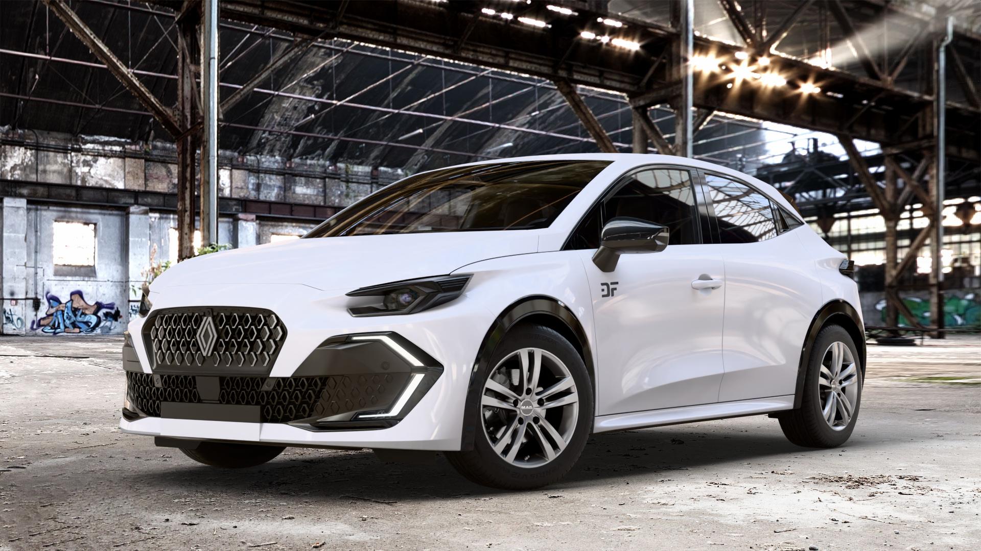 MAK Zenith Light Titan Felge mit Reifen grau/silber in 16Zoll Winterfelge Alufelge auf weissem Renault Clio VI Typ R03 ⬇️ mit 15mm Tieferlegung ⬇️ Old Industrial Hall_max_4400mm_2024 Frontansicht_1