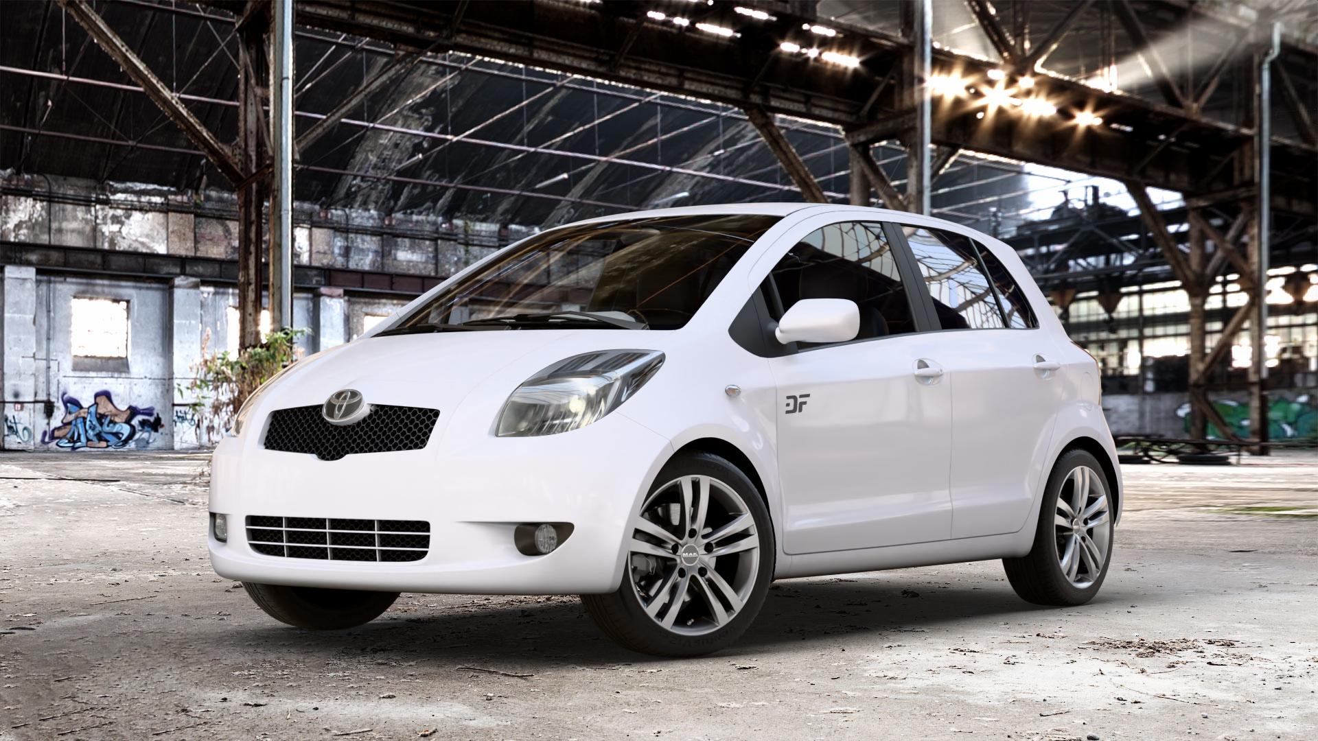 MAK Zenith Light Titan Felge mit Reifen grau/silber in 16Zoll Winterfelge Alufelge auf weissem Toyota Yaris II Typ XP9F ⬇️ mit 15mm Tieferlegung ⬇️ Old Industrial Hall_max_4400mm_2024 Frontansicht_1