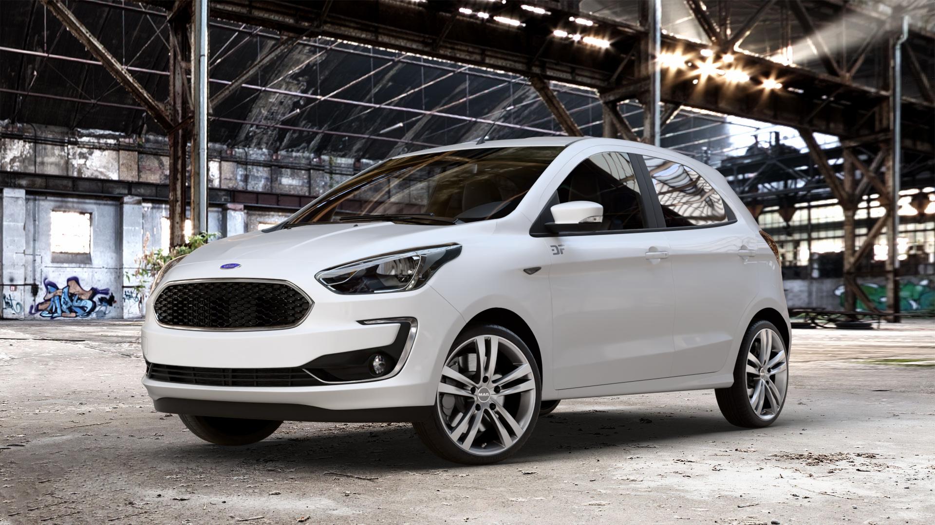MAK Zenith Light Titan Felge mit Reifen grau/silber in 17Zoll Winterfelge Alufelge auf weissem Ford KA+ Typ KAF ACTIVE Facelift KA ⬇️ mit 15mm Tieferlegung ⬇️ Old Industrial Hall_max_4400mm_2024 Frontansicht_1
