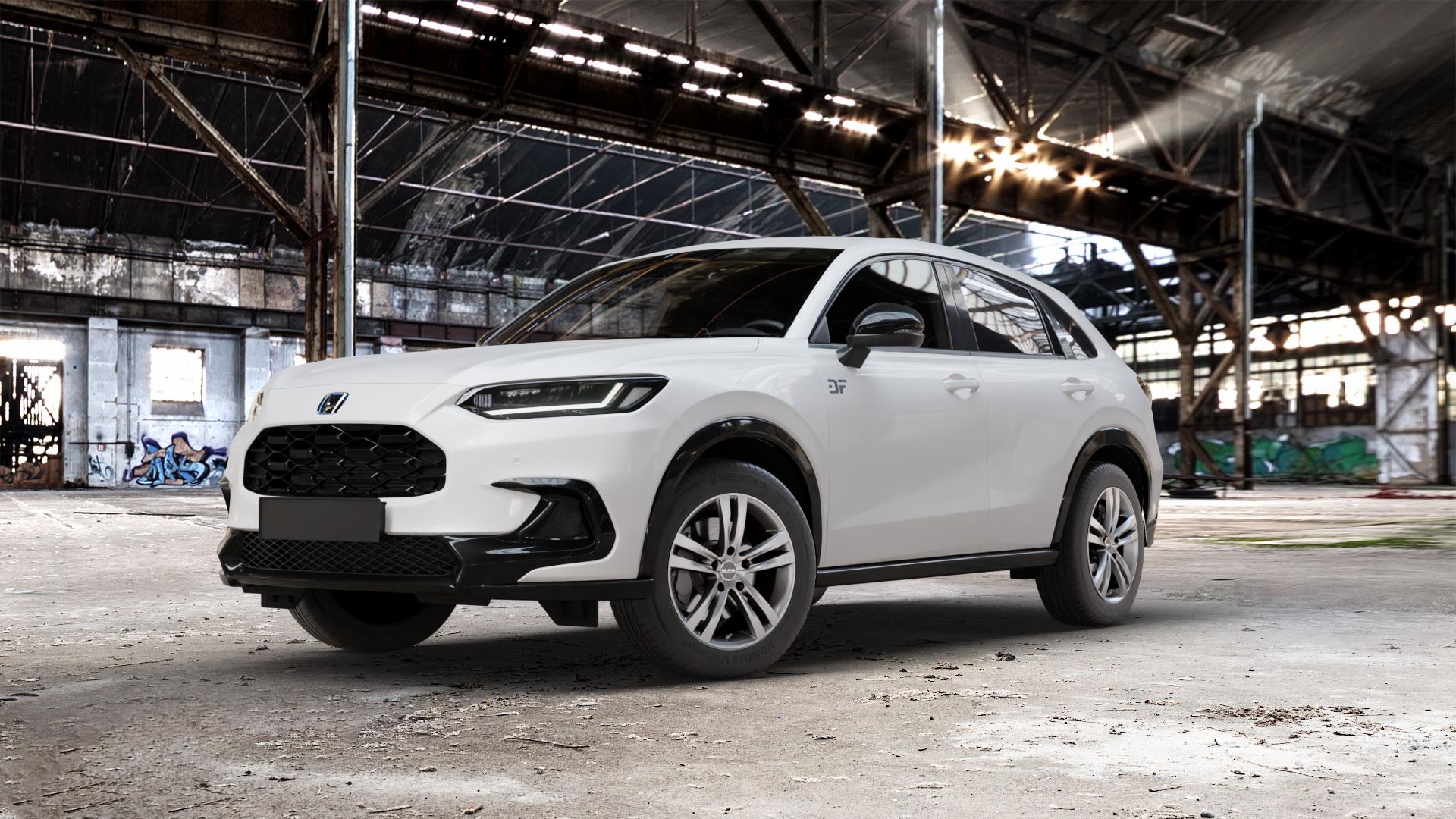 MAK Zenith Light Titan Felge mit Reifen grau/silber in 17Zoll Winterfelge Alufelge auf weissem Honda ZR-V Typ RZ ⬇️ mit 15mm Tieferlegung ⬇️ Old Industrial Hall_max_5300mm_2024 Frontansicht_1