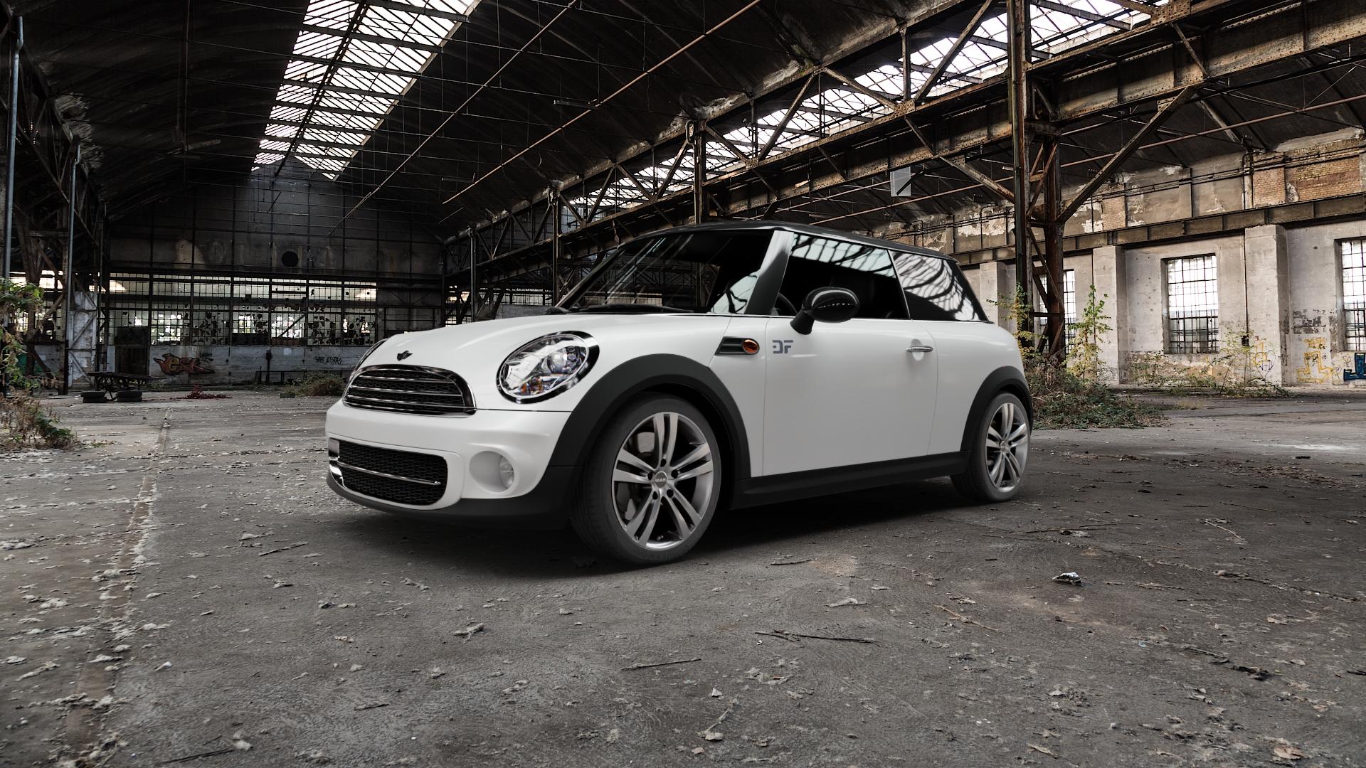 MAK Zenith Light Titan Felge mit Reifen grau/silber in 17Zoll Winterfelge Alufelge auf weissem Mini R56 Typ UKL-L (Limousine) MINI-N ⬇️ mit 15mm Tieferlegung ⬇️ Old Industrial Hall_max5000mm_2022 Frontansicht_1