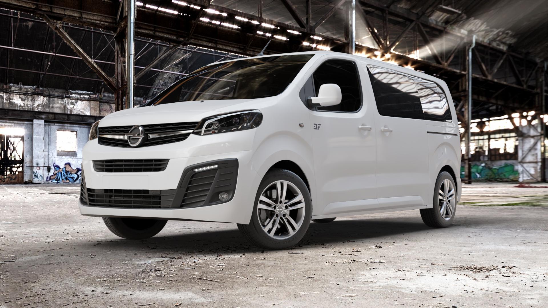 MAK Zenith Light Titan Felge mit Reifen grau/silber in 17Zoll Winterfelge Alufelge auf weissem Opel Zafira Life Typ V ⬇️ mit 15mm Tieferlegung ⬇️ Old Industrial Hall_max_5300mm_2024 Frontansicht_1