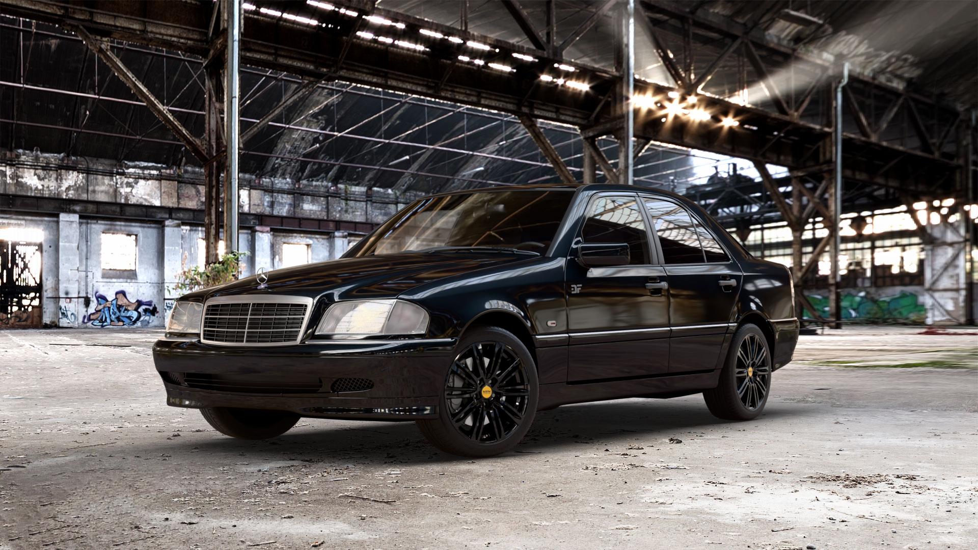 MAM A4 BLACK PAINTED Felge mit Reifen schwarz in 17Zoll Winterfelge Alufelge auf metallic schwarzem Mercedes C-Klasse Typ W202 Limousine ⬇️ mit 15mm Tieferlegung ⬇️ Old Industrial Hall_max_5300mm_2024 Frontansicht_1