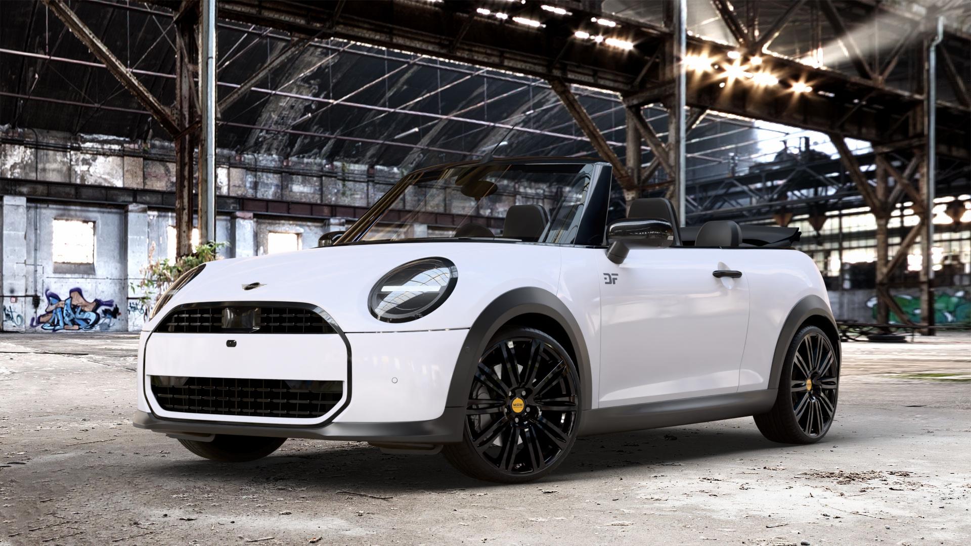 MAM A4 BLACK PAINTED Felge mit Reifen schwarz in 19Zoll Winterfelge Alufelge auf weissem Mini F67 Typ FM6 (Cabrio) 2,0l Cooper 120kW (163 PS) S 150kW (204 JCW 170kW (231 ⬇️ mit 15mm Tieferlegung ⬇️ Old Industrial Hall_max_4400mm_2024 Frontansicht_1