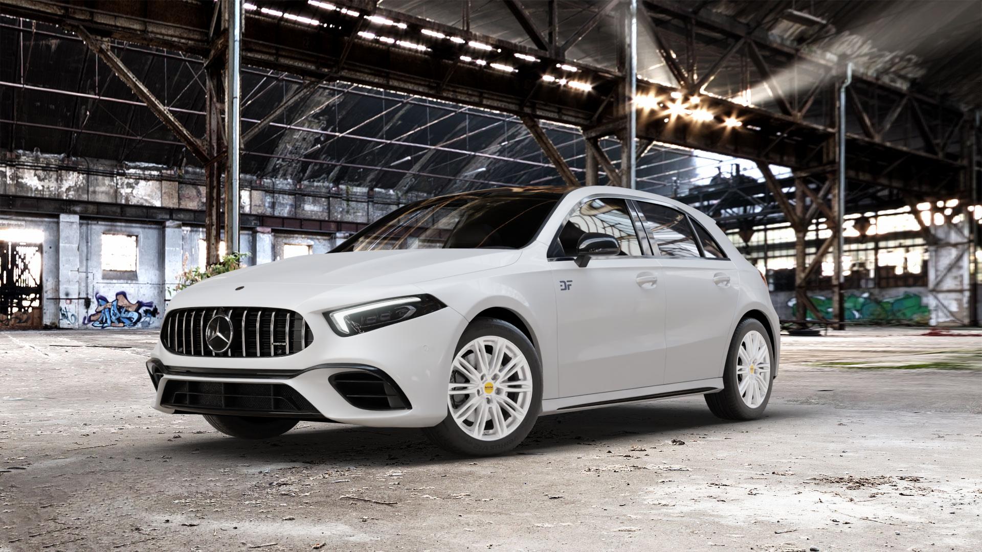 MAM A4 SILVER PAINTED Felge mit Reifen silber in 17Zoll Winterfelge Alufelge auf weissem Mercedes A-Klasse IV Typ 177 (F2A) Schrägheck 2,0l AMG A 35 4Matic 225kW (306 PS) 45 285kW (387 S 310kW (421 Facelift Mild-Hybrid ⬇️ mit 15mm Tieferlegung ⬇️ Old Industrial Hall_max_5300mm_2024 Frontansicht_1