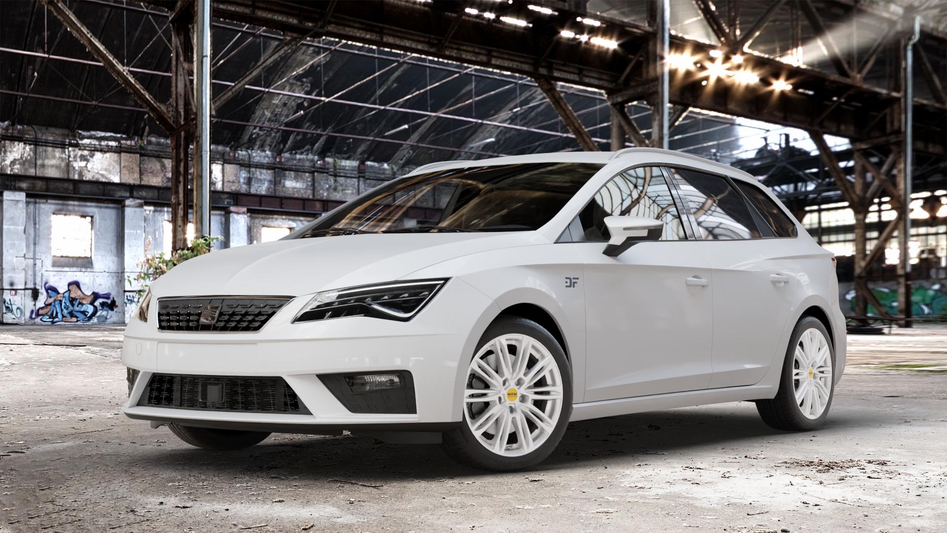 MAM A4 SILVER PAINTED Felge mit Reifen silber in 17Zoll Winterfelge Alufelge auf weissem Seat Leon Typ 5F ST Facelift ⬇️ mit 15mm Tieferlegung ⬇️ Old Industrial Hall_max_4400mm_2024 Frontansicht_1