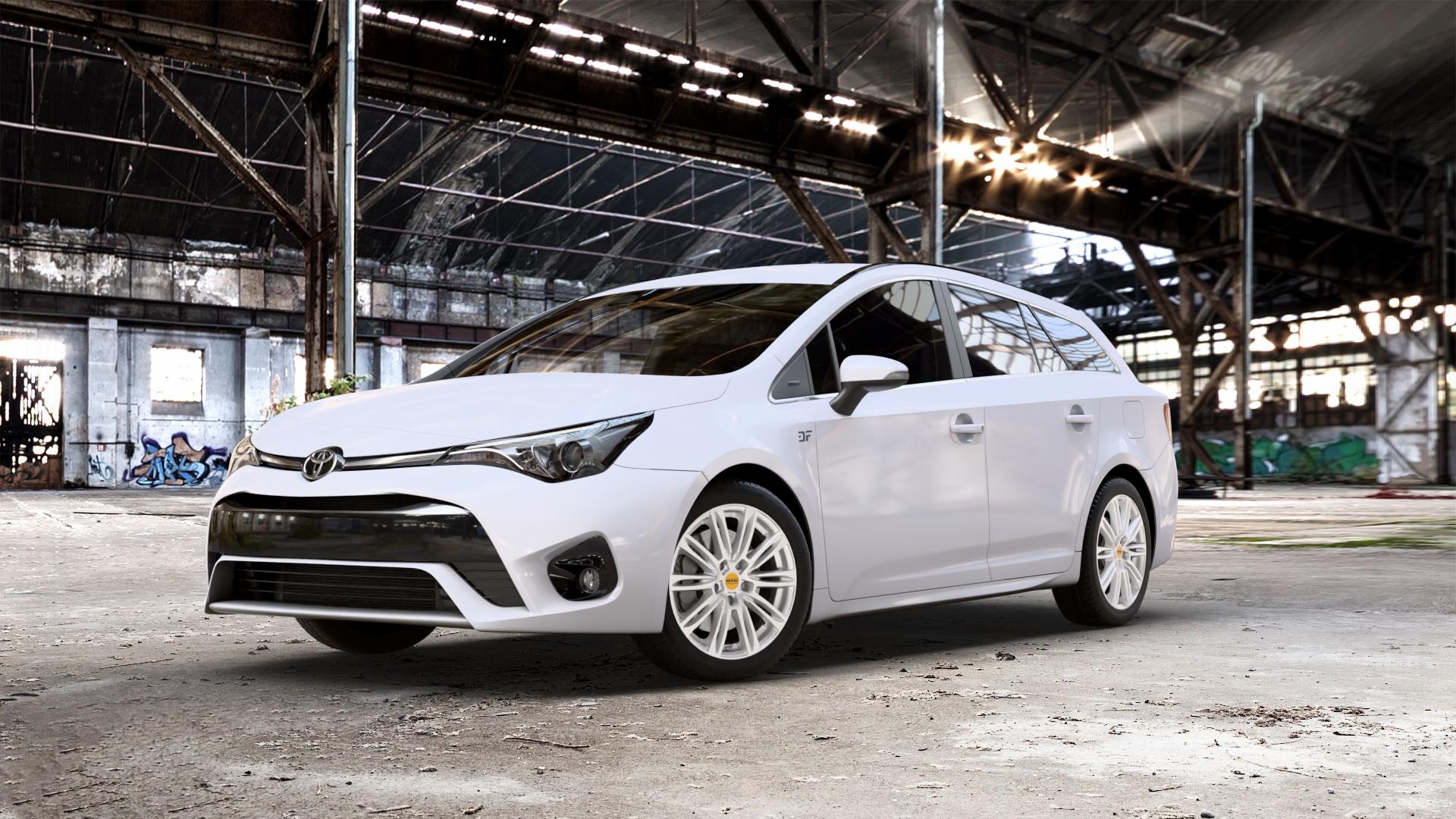 MAM A4 SILVER PAINTED Felge mit Reifen silber in 17Zoll Winterfelge Alufelge auf weissem Toyota Avensis Combi Typ T27 Facelift 15-> ⬇️ mit 15mm Tieferlegung ⬇️ Old Industrial Hall_max_5300mm_2024 Frontansicht_1