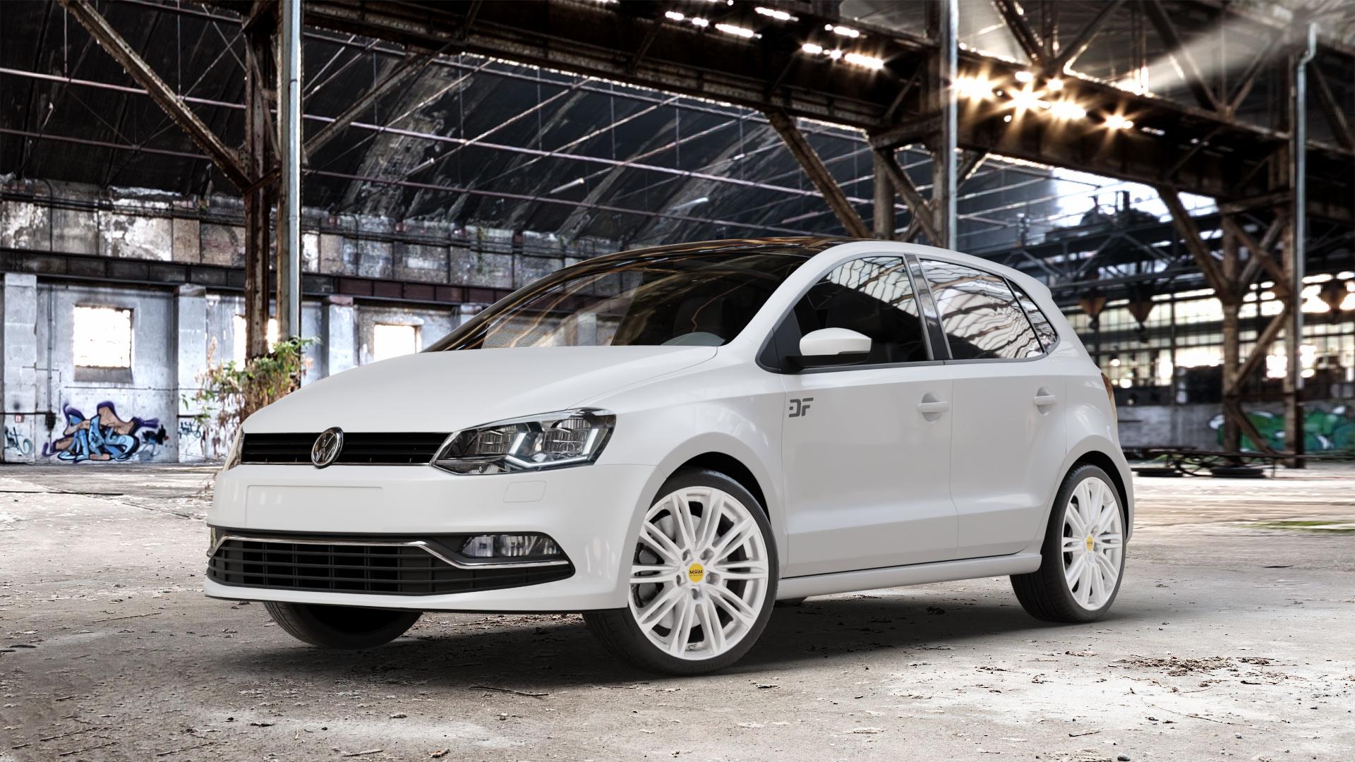 MAM A4 SILVER PAINTED Felge mit Reifen silber in 17Zoll Winterfelge Alufelge auf weissem Volkswagen (VW) Polo V Typ 6C ⬇️ mit 15mm Tieferlegung ⬇️ Old Industrial Hall_max_4400mm_2024 Frontansicht_1