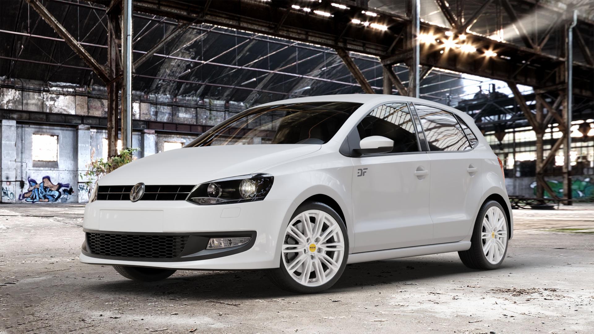 MAM A4 SILVER PAINTED Felge mit Reifen silber in 17Zoll Winterfelge Alufelge auf weissem Volkswagen (VW) Polo V Typ 6R ⬇️ mit 15mm Tieferlegung ⬇️ Old Industrial Hall_max_4400mm_2024 Frontansicht_1