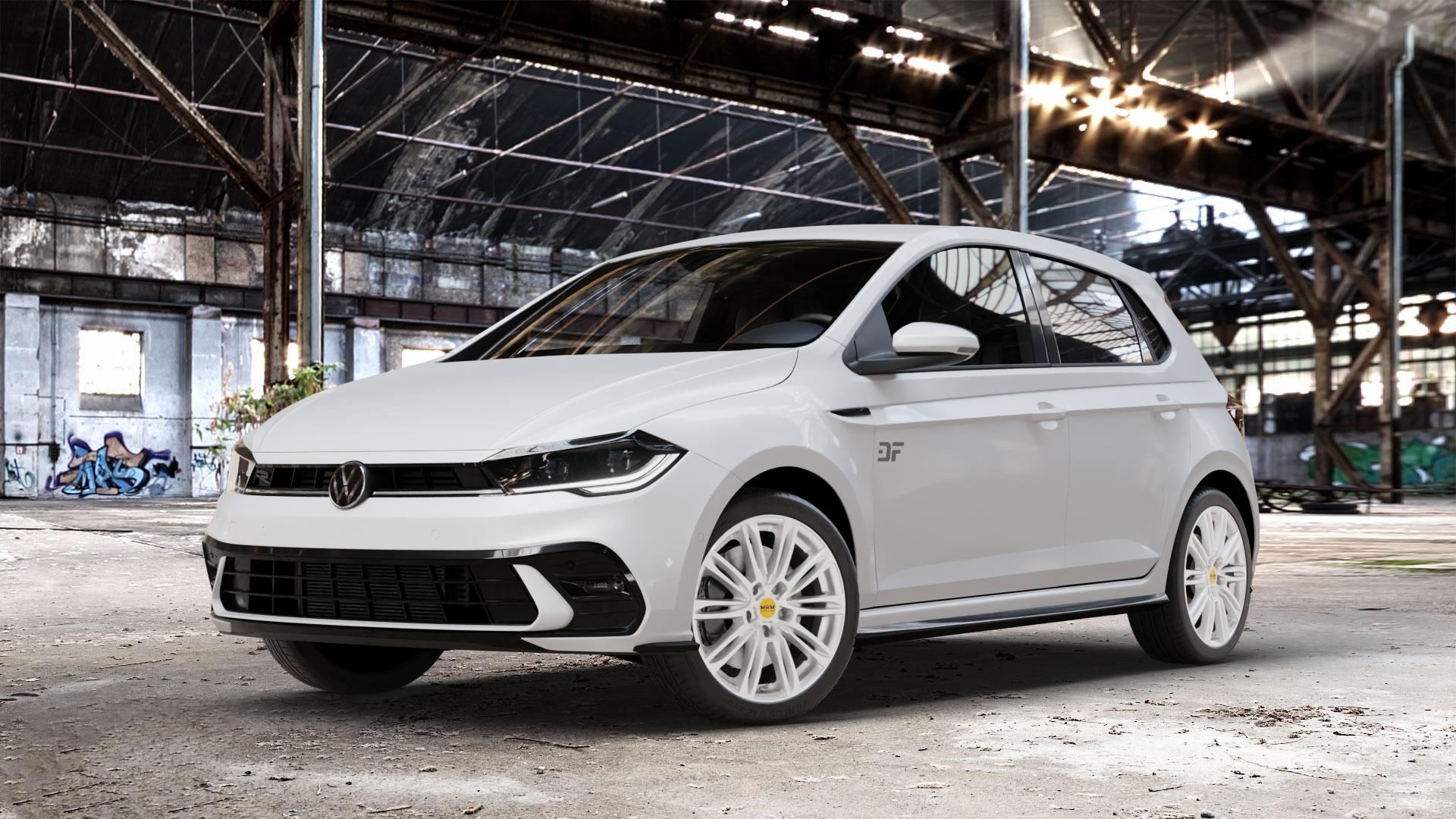 MAM A4 SILVER PAINTED Felge mit Reifen silber in 17Zoll Winterfelge Alufelge auf weissem Volkswagen (VW) Polo VI Typ AW Facelift 1,0l TGI 66kW (90 PS) TSI 81kW (110 70kW (95 MPI 59kW (80 ⬇️ mit 15mm Tieferlegung ⬇️ Old Industrial Hall_max_4400mm_2024 Frontansicht_1