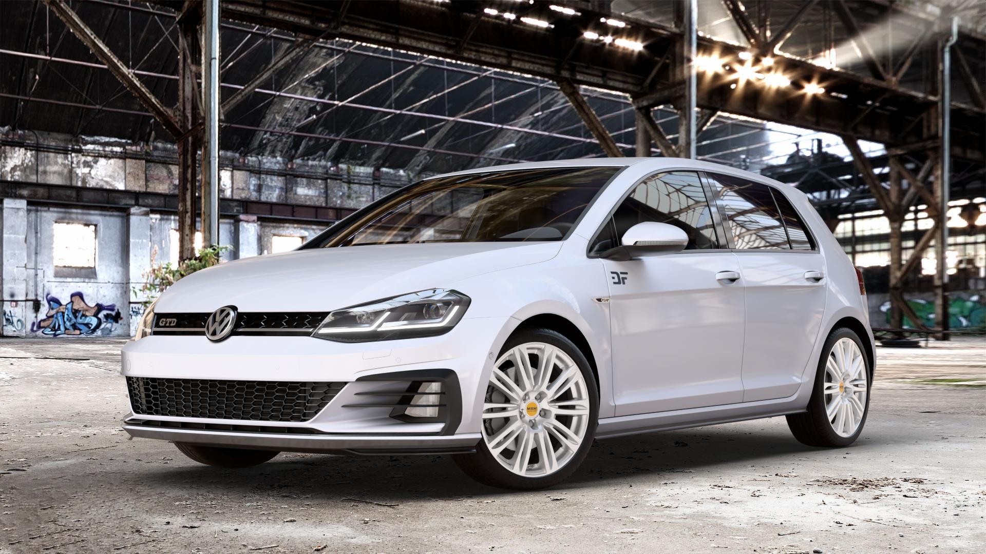 MAM A4 SILVER PAINTED Felge mit Reifen silber in 18Zoll Winterfelge Alufelge auf weissem Volkswagen (VW) Golf 7 2,0l GTD 135kW (184 PS) Facelift ⬇️ mit 15mm Tieferlegung ⬇️ Old Industrial Hall_max_4400mm_2024 Frontansicht_1