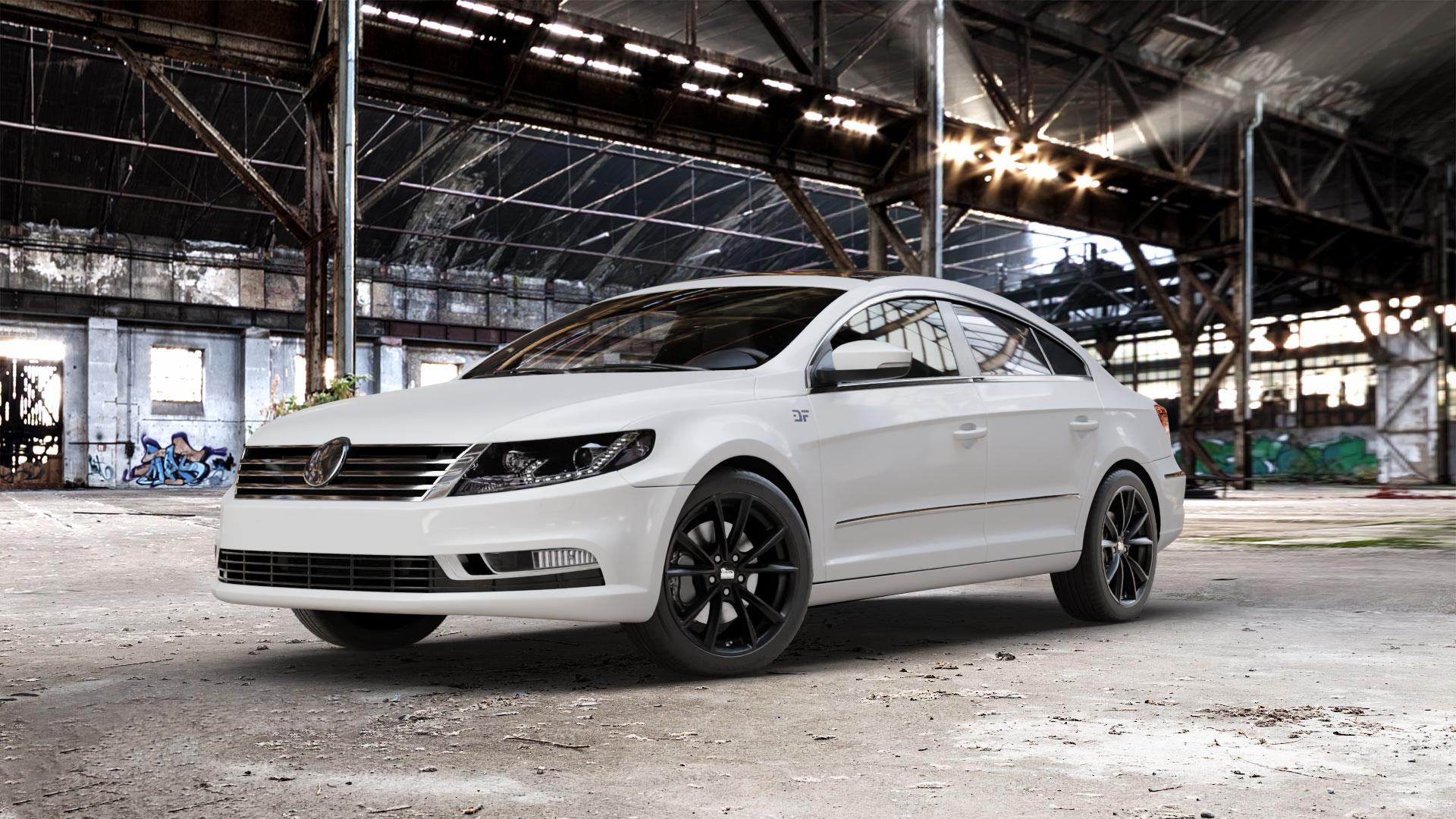 MAM A5 MATT BLACK PAINTED Felge mit Reifen schwarz in 18Zoll Winterfelge Alufelge auf weissem Volkswagen (VW) Passat CC II (15->) ⬇️ mit 15mm Tieferlegung ⬇️ Old Industrial Hall_max_5300mm_2024 Frontansicht_1