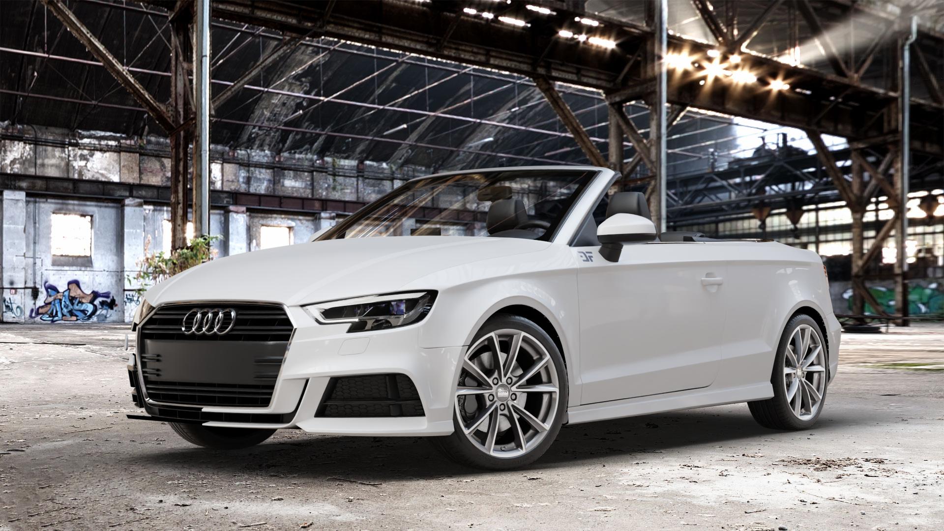 MAM A5 PALLADIUM FRONT POLISH Felge mit Reifen grau silber mehrfarbig in 18Zoll Winterfelge Alufelge auf weissem Audi A3 Typ 8V (Cabriolet) Facelift ⬇️ mit 15mm Tieferlegung ⬇️ Old Industrial Hall_max_4400mm_2024 Frontansicht_1