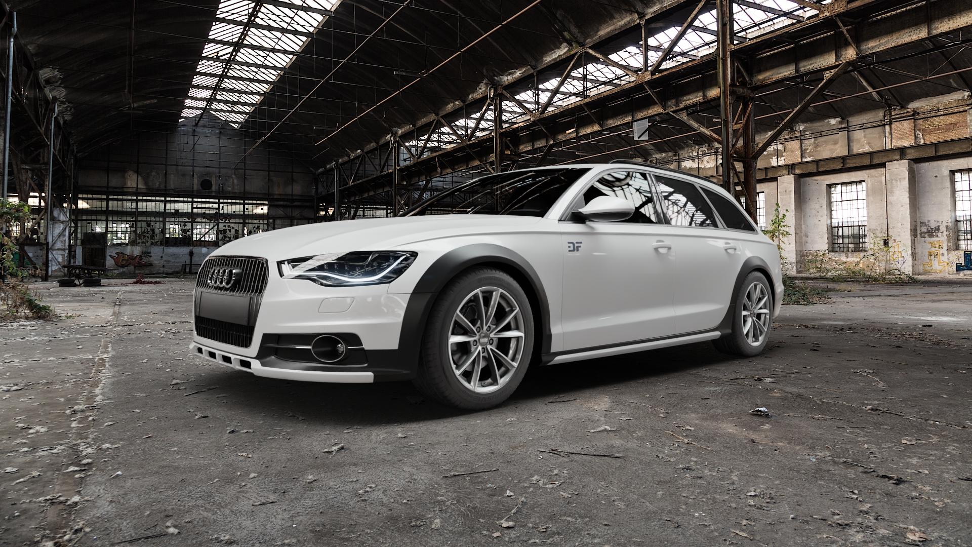 MAM A5 PALLADIUM FRONT POLISH Felge mit Reifen grau silber mehrfarbig in 18Zoll Winterfelge Alufelge auf weissem Audi A6 Allroad Quattro Typ 4G/C7 Facelift ⬇️ mit 15mm Tieferlegung ⬇️ Old Industrial Hall_max5000mm_2022 Frontansicht_1
