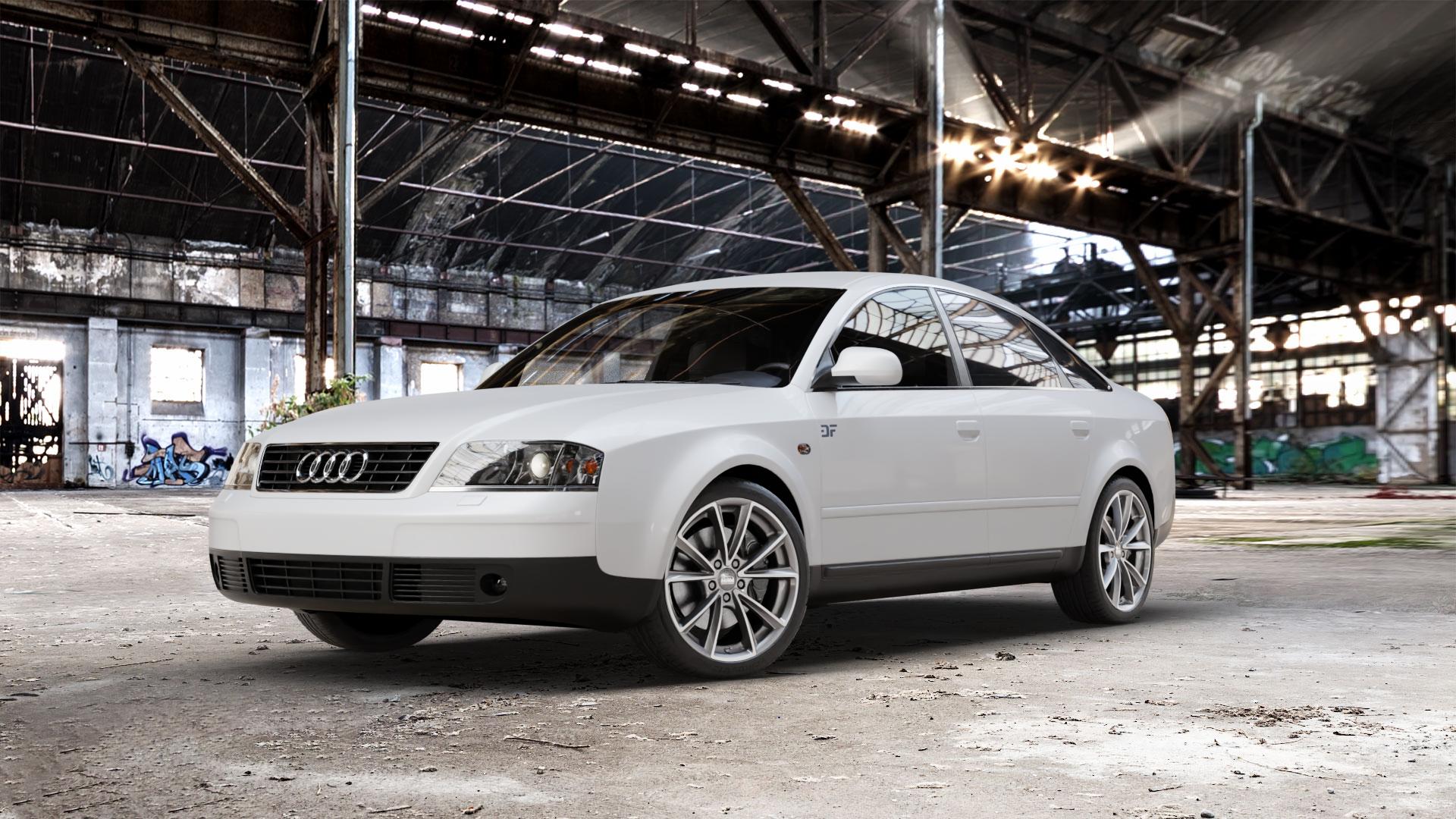 MAM A5 PALLADIUM FRONT POLISH Felge mit Reifen grau silber mehrfarbig in 18Zoll Winterfelge Alufelge auf weissem Audi A6 Typ 4B/C5 (Limousine) ⬇️ mit 15mm Tieferlegung ⬇️ Old Industrial Hall_max_5300mm_2024 Frontansicht_1